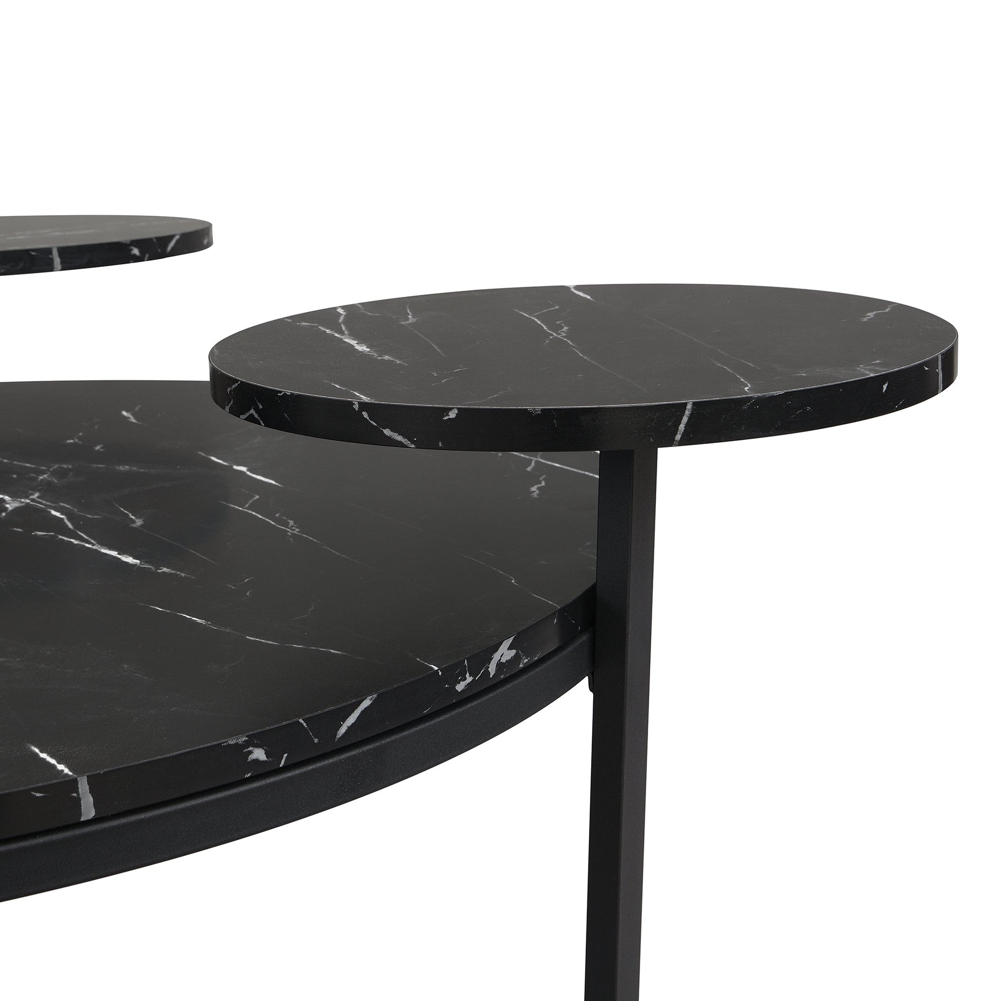 Modern coffee table with two display shelves, Black Faux marble surfaces, Tripod-inspired base,Rounded tabletop edges - Korvel