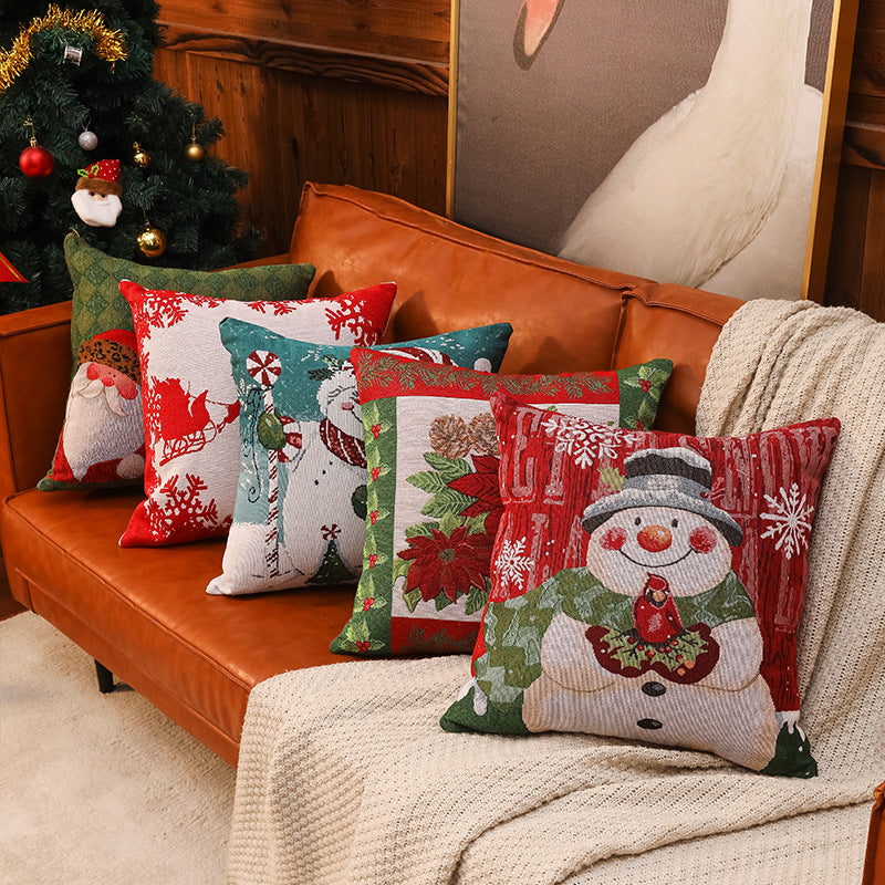 Housse de coussin de Noël tissée - Design d'élan et de bonhomme de neige