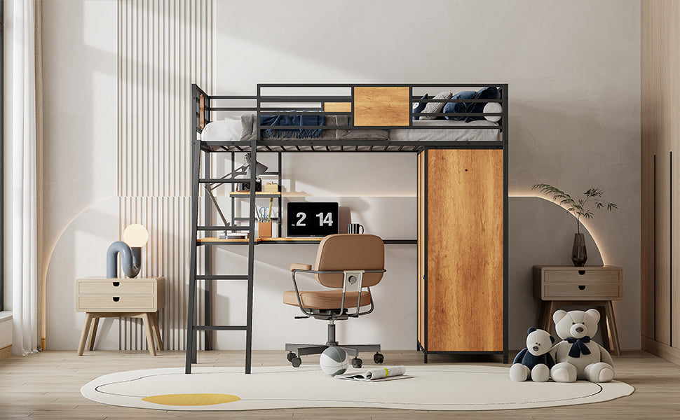 Twin Size Loft bed with L-shape Desk and Wardrobe, Black - Korvel