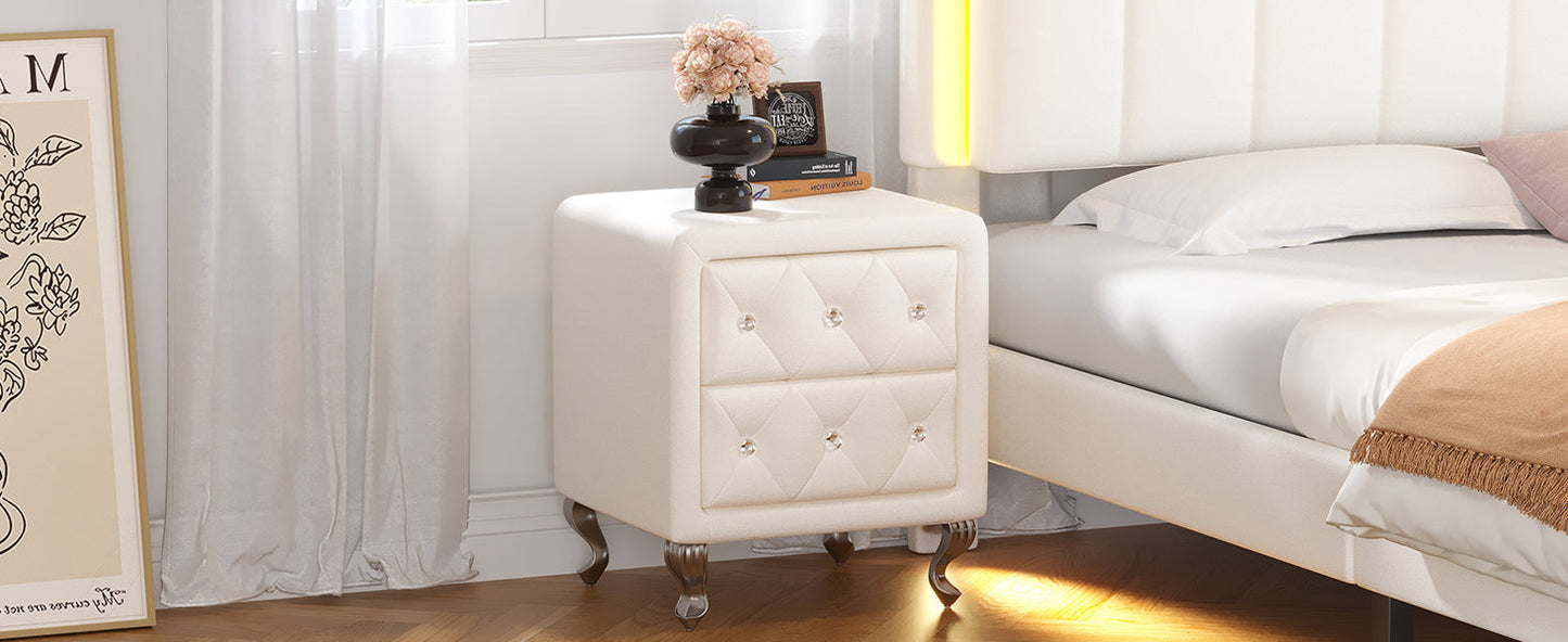Elegant PU bedside table with 2 drawers and crystal handles, storage with metal legs - white - Korvel