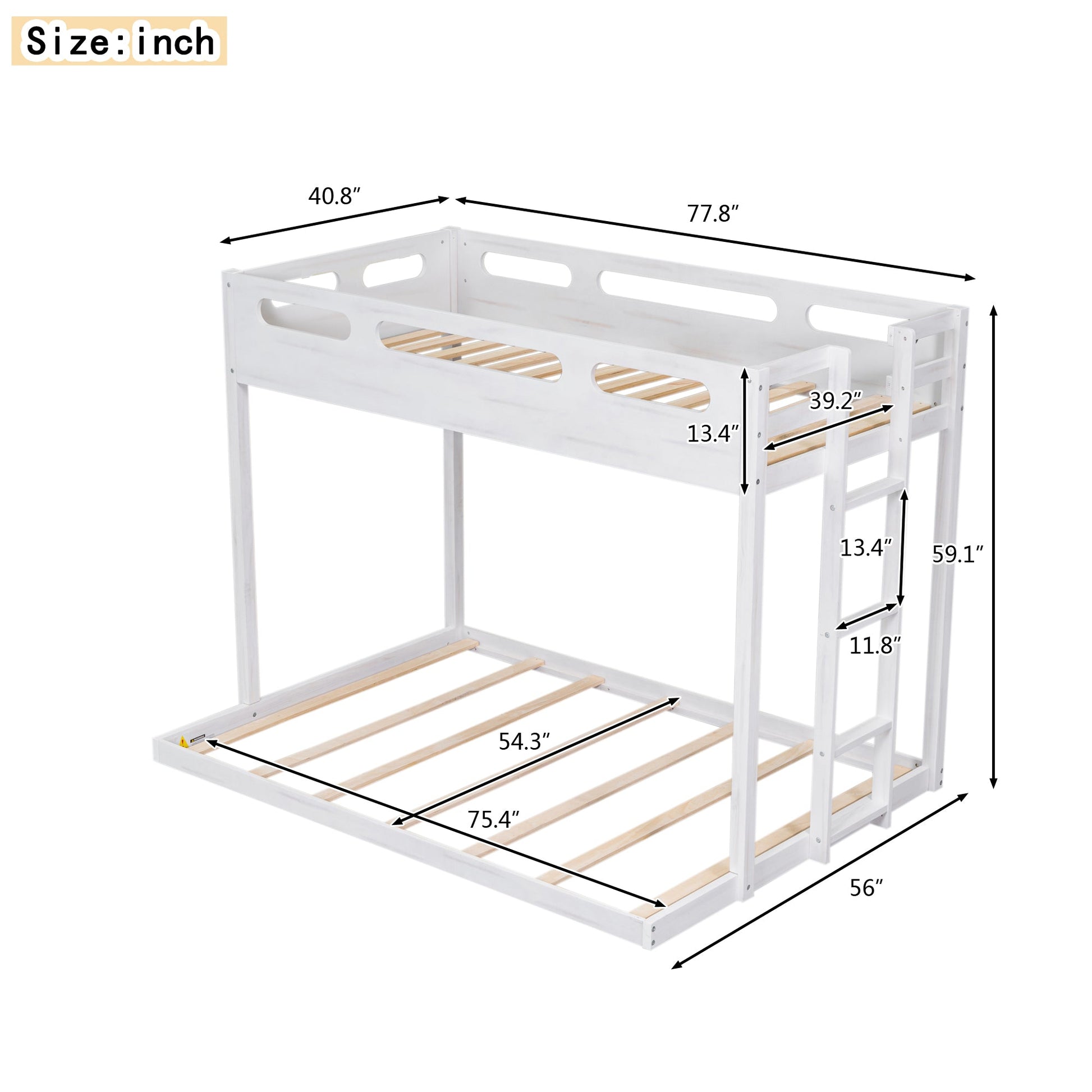 Twin over Full Bunk Bed with Built-in Ladder,White - Korvel