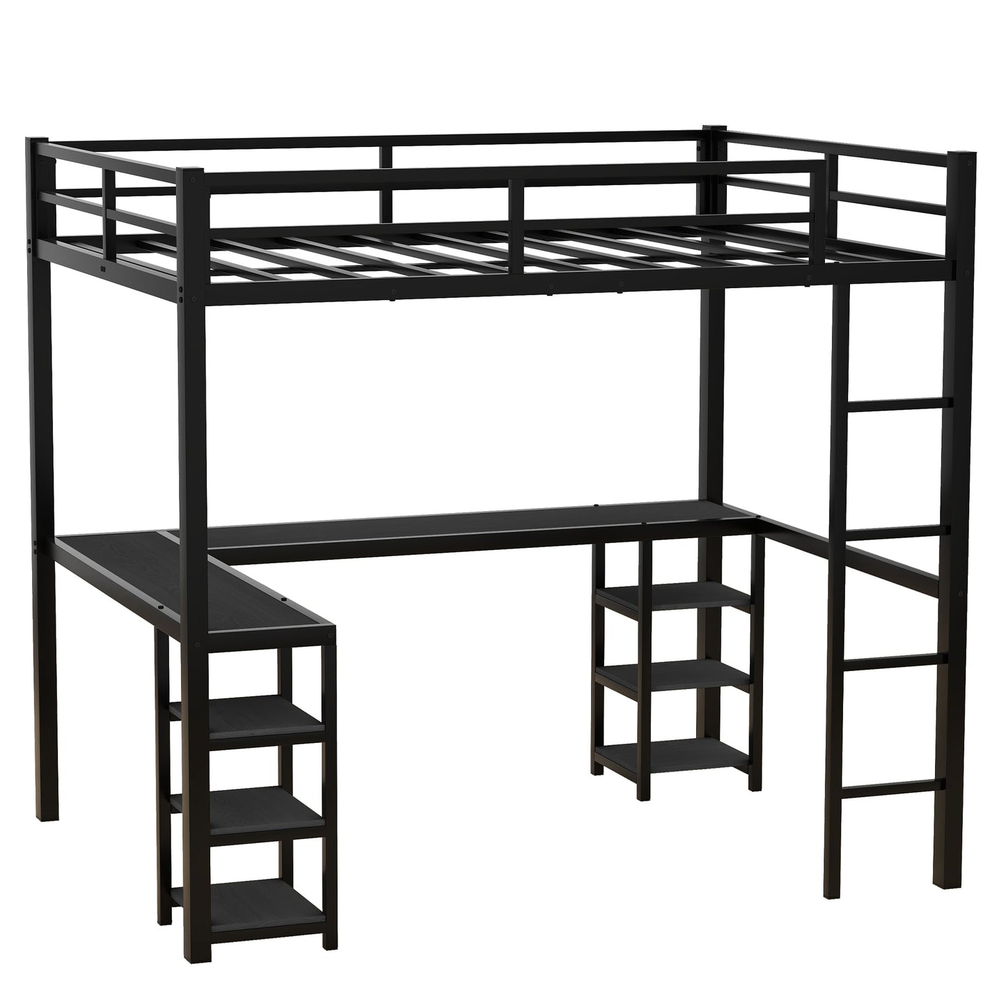 Cama loft de metal negro premium con escritorio y estantes