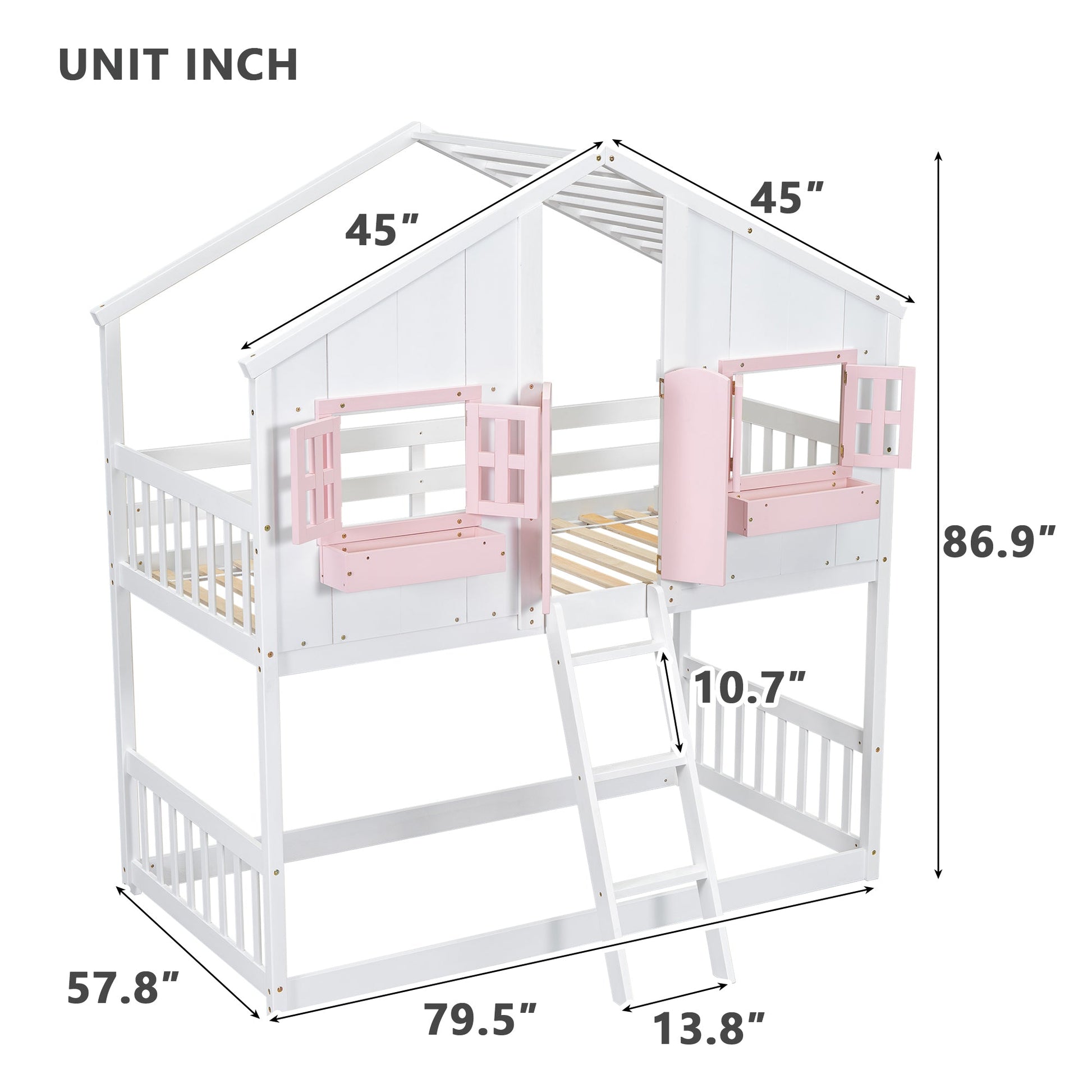 Twin over Twin House Bunk Bed with Roof , Window, Window Box, Door , with Safety Guardrails and Ladder, Pink/White - Korvel