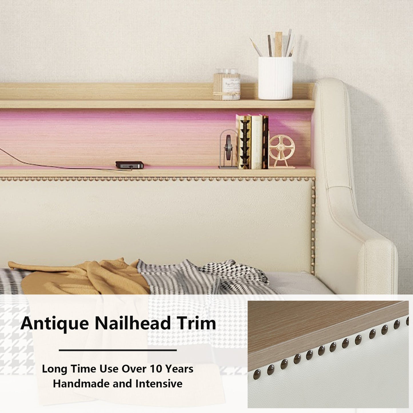 Twin Size Daybed with Storage Drawers, Upholstered Daybed with Charging Station and LED Lights, Beige - Korvel