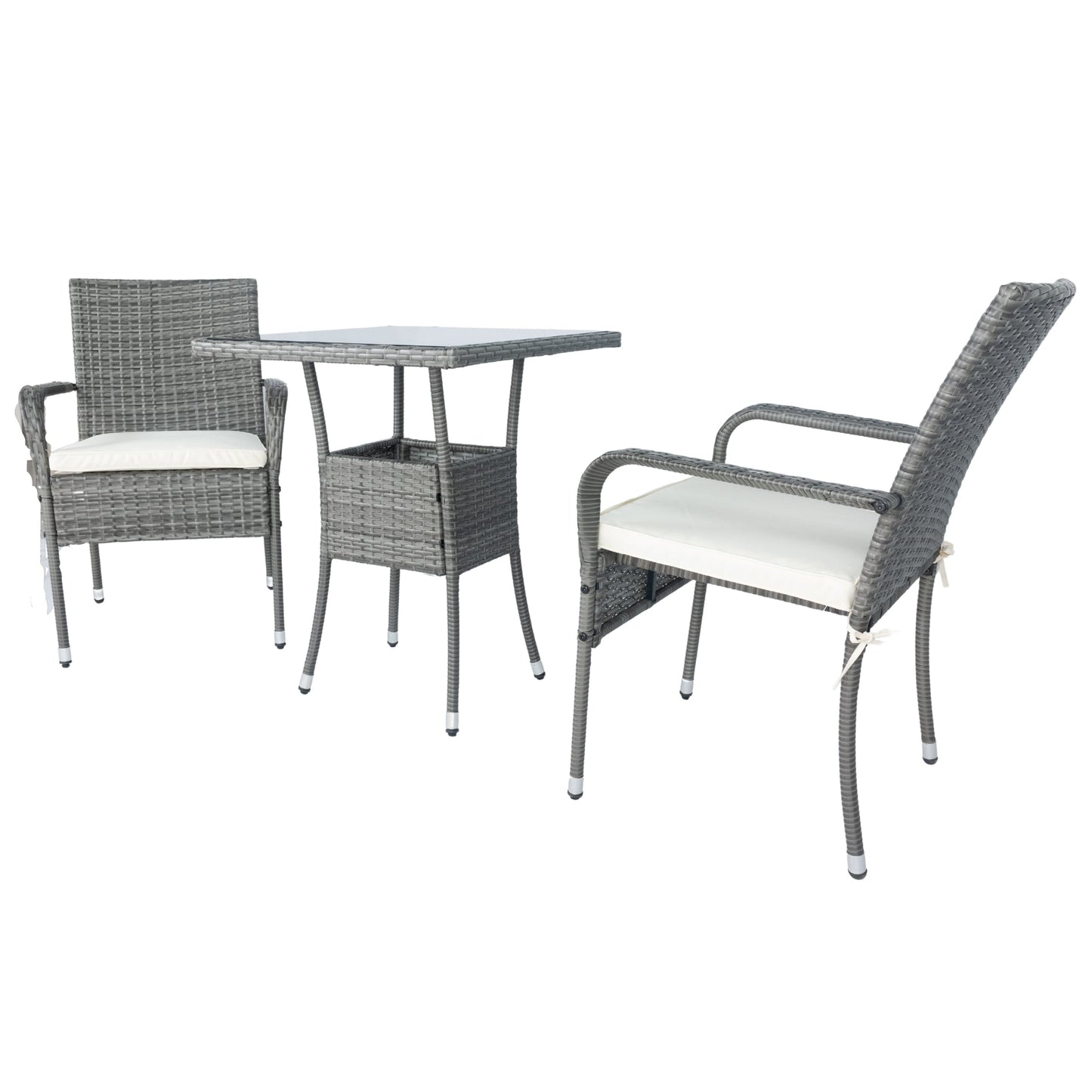 3 Piece Patio Wicker Conversation Set Grey Wicker + white Cushion - Korvel