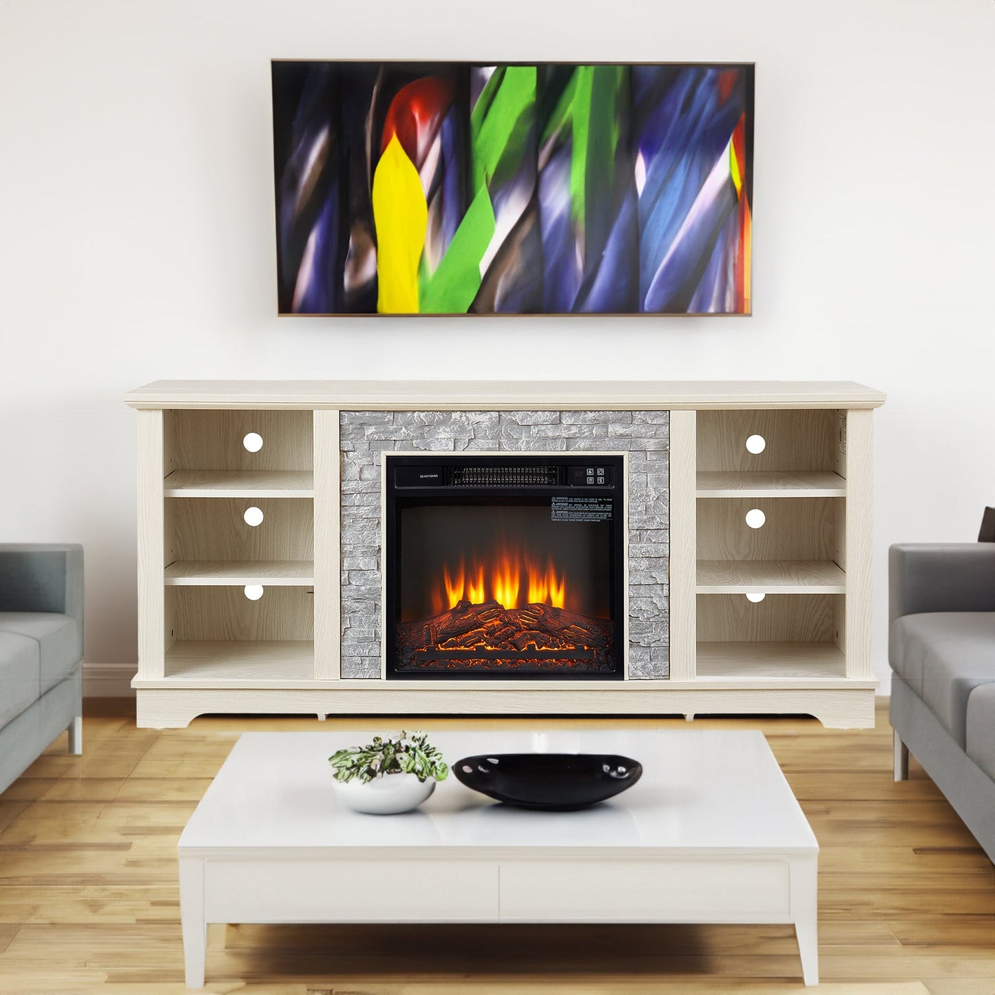 Meuble TV avec foyer électrique en pierre Mantel et rangement ouvert