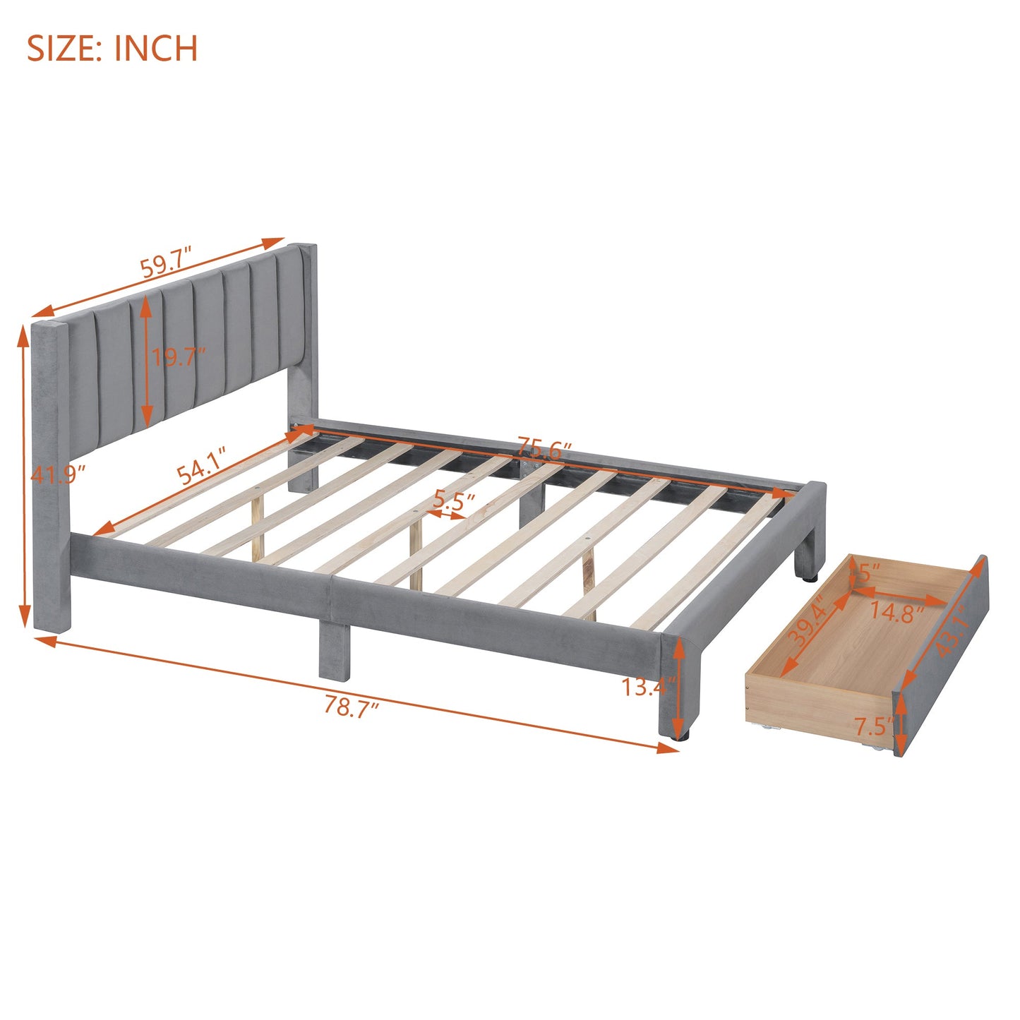 Full Size Storage Bed Velvet Upholstered Platform Bed with a Big Drawer - Gray - Korvel
