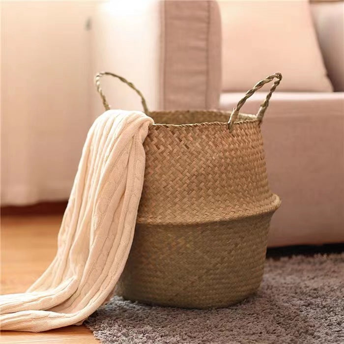 Scandinavian Style Wicker Handbasket Flower Pot Rattan Weave Plant Grass Woven Floor Folding Wicker Basket Weaving - Korvel