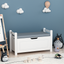 A white rubber wood children's toy box with soft cushioned seats, stools, flip covers, and safety hinges for toy storage - Korvel