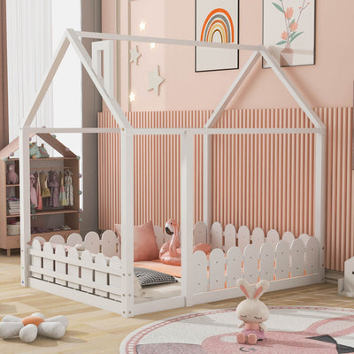 (Slats are not included) Full Size Wood Bed House Bed Frame with Fence for Kids Teens Girls Boys (White ) - Korvel