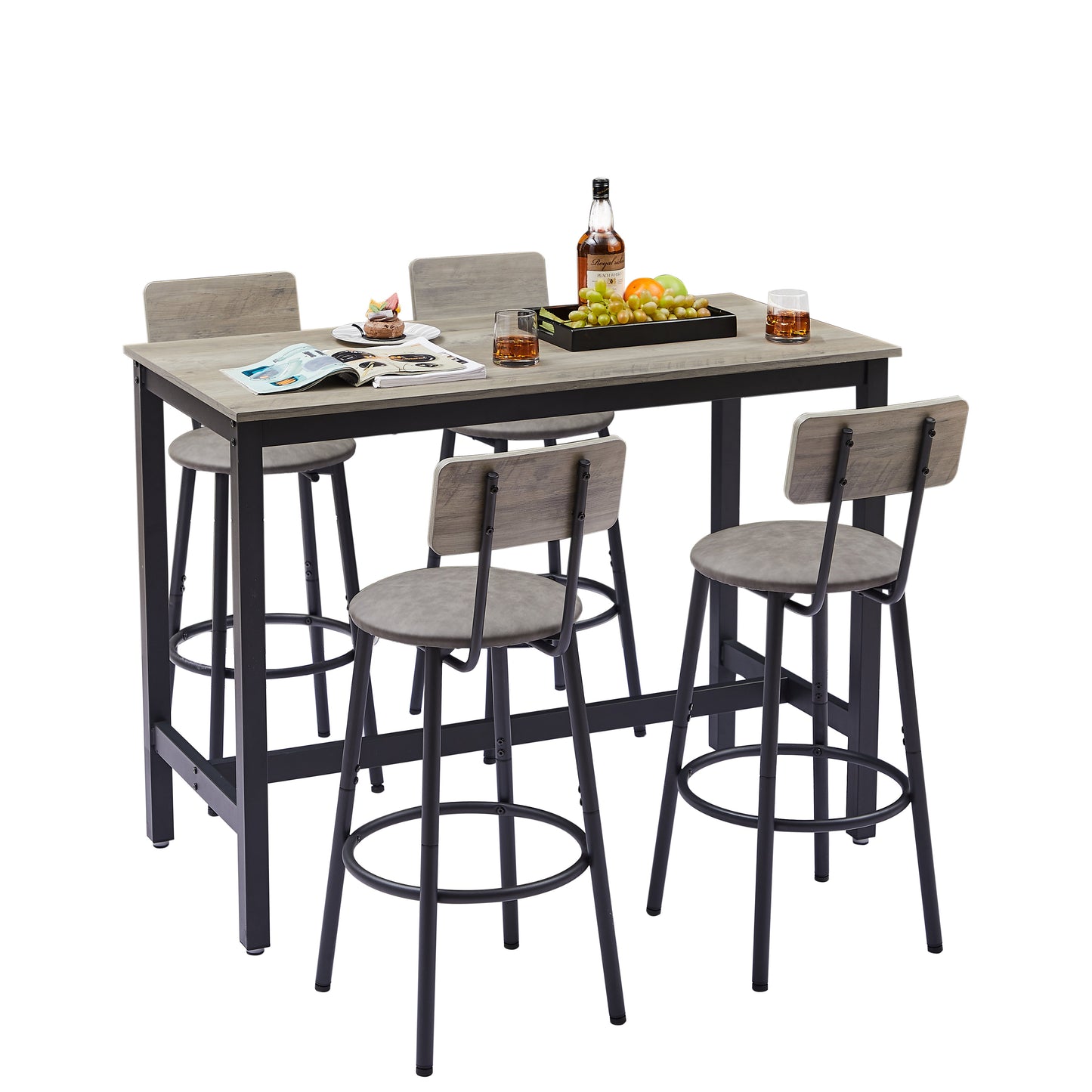 Bar Table Set with 4 Bar stools PU Soft seat with backrest Grey 47.24'' L x 23.62'' W x 35.43'' H - Korvel