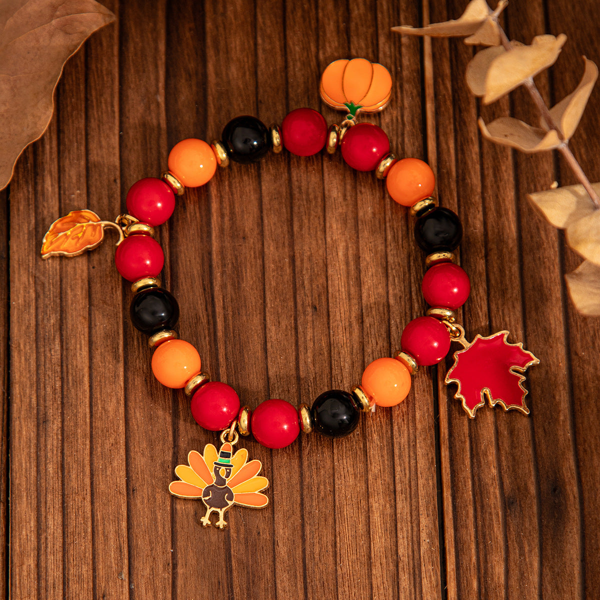 Thanksgiving Creative Maple Leaf Pendant Alloy Bracelet Personalized Letter Pumpkin Bead Bracelet - Korvel
