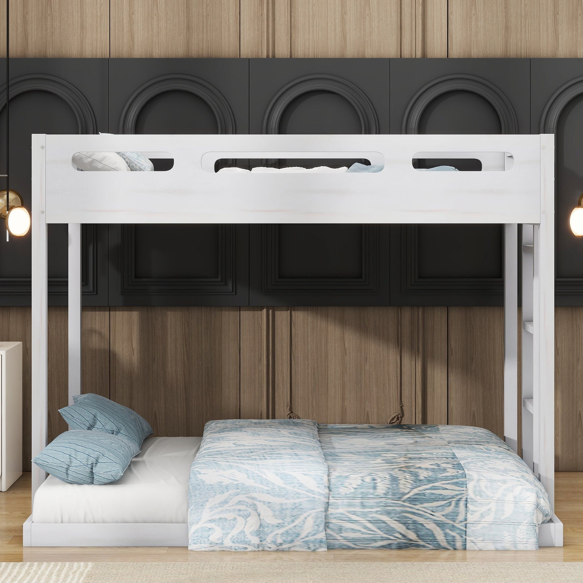 Twin over Full Bunk Bed with Built-in Ladder,White - Korvel