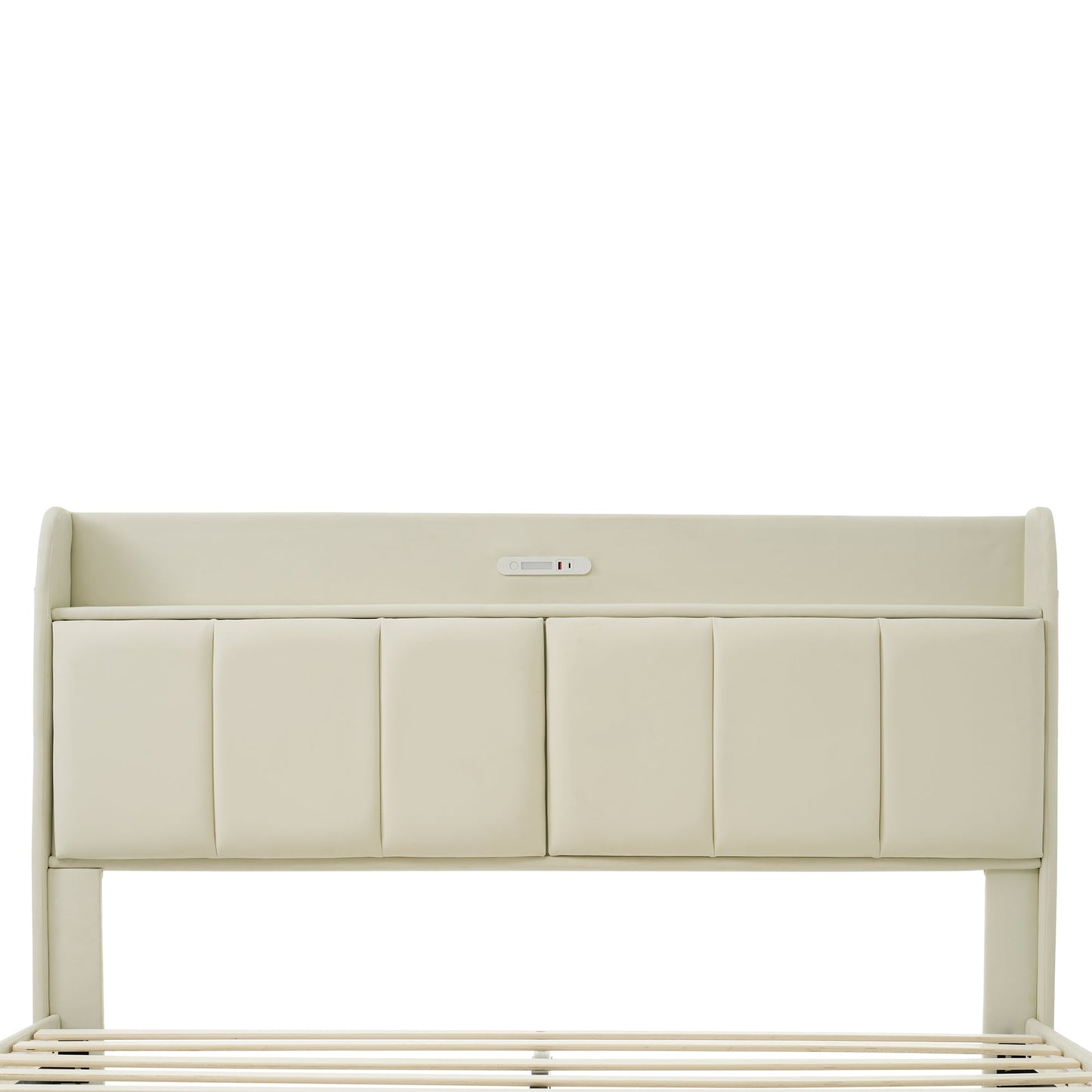 Large floating bed frame with storage headboard, touch sensor, night light and USB charger, padded platform bed, beige color - Korvel