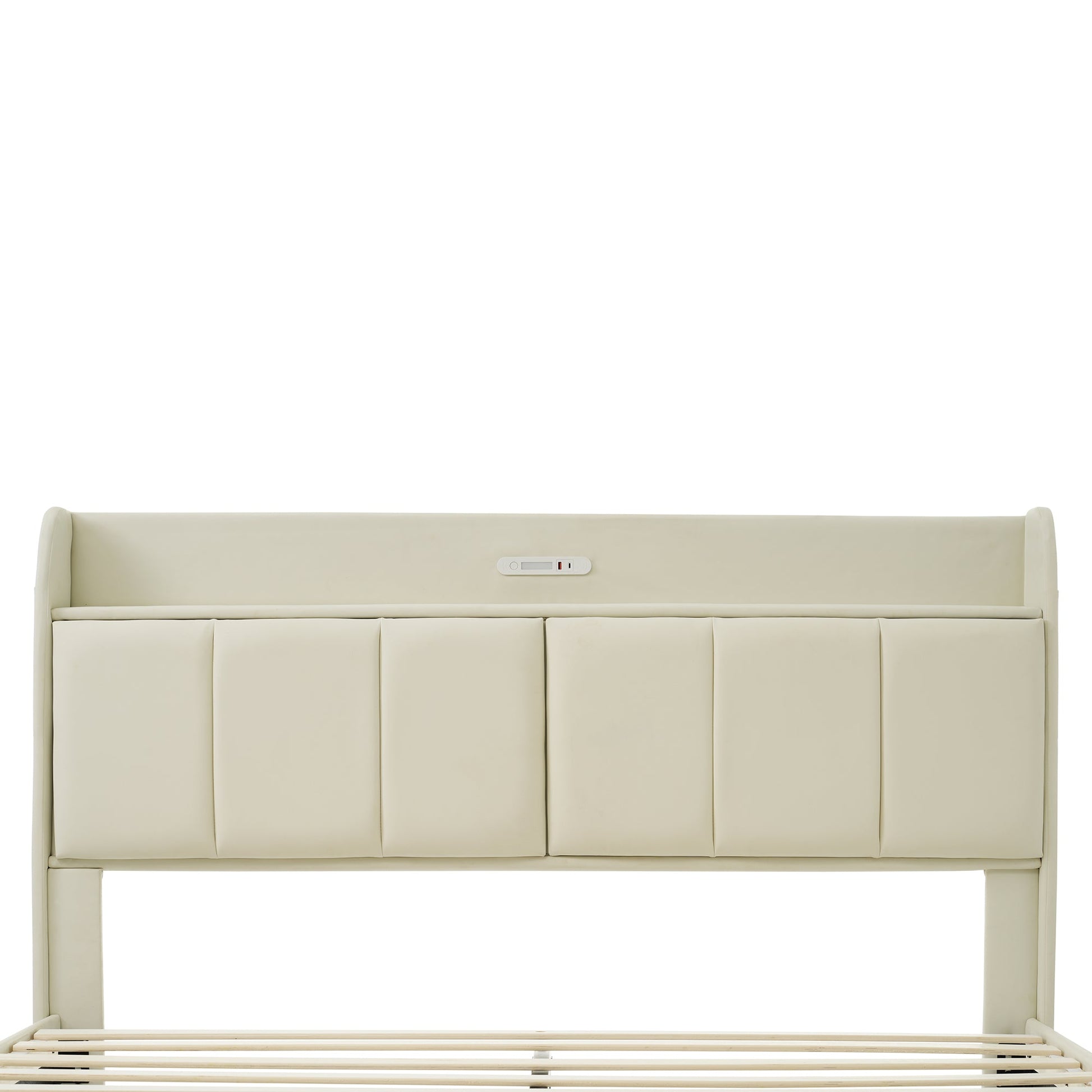 Large floating bed frame with storage headboard, touch sensor, night light and USB charger, padded platform bed, beige color - Korvel