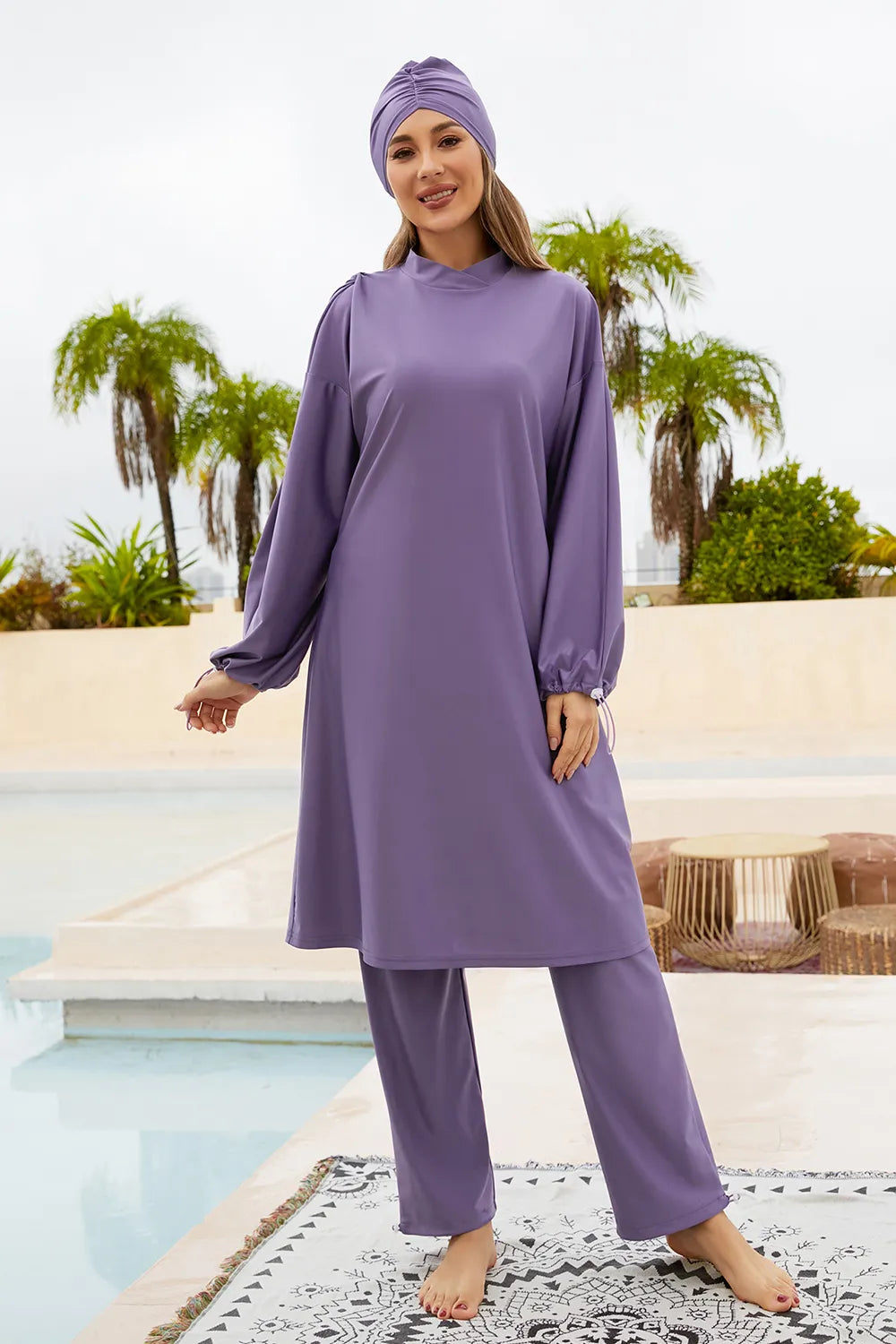 Cap, Drawstring Mock Neck Long Sleeve Top and Pants Swim Set - Korvel