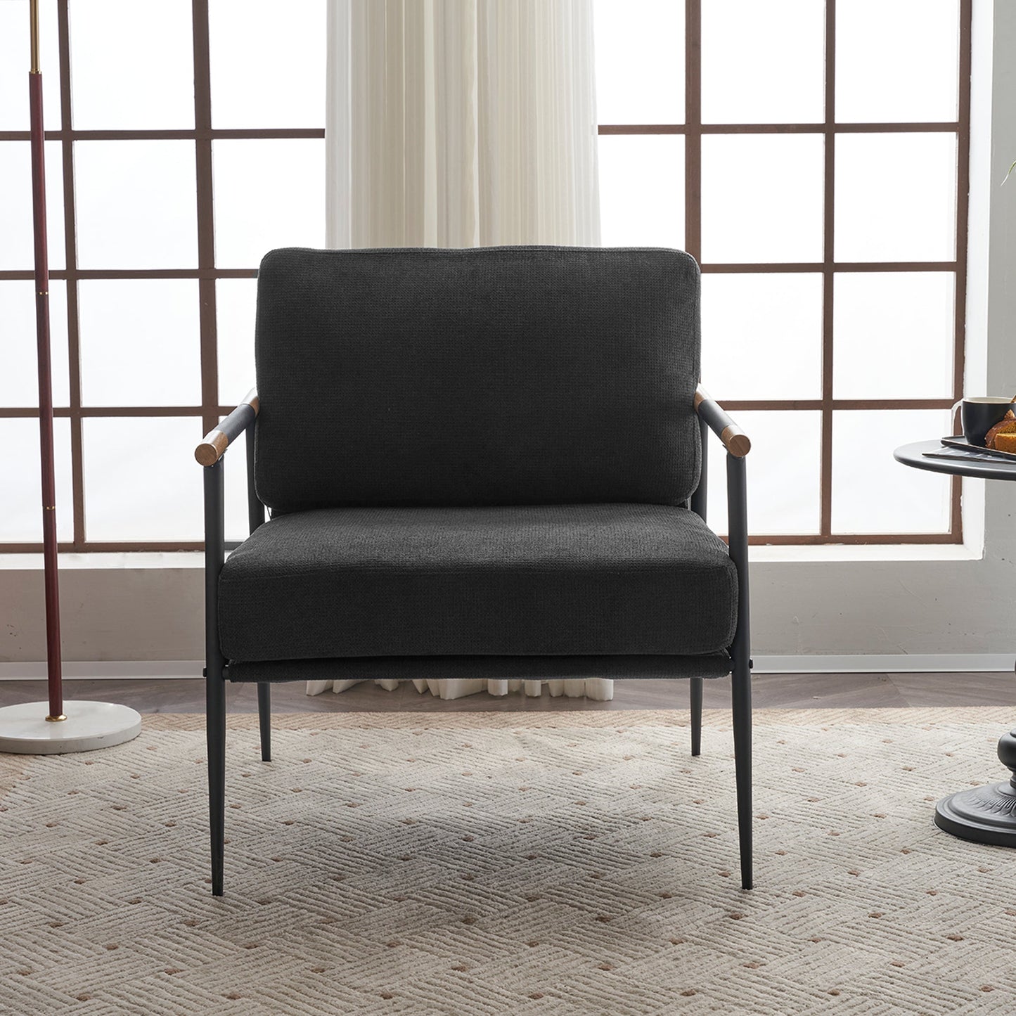 Leisure Lounge Chair Arm Chair with Metal Frame, Upholstered Side Chair Comfy Sitting Chair for Living Room, Black Chenille - Korvel