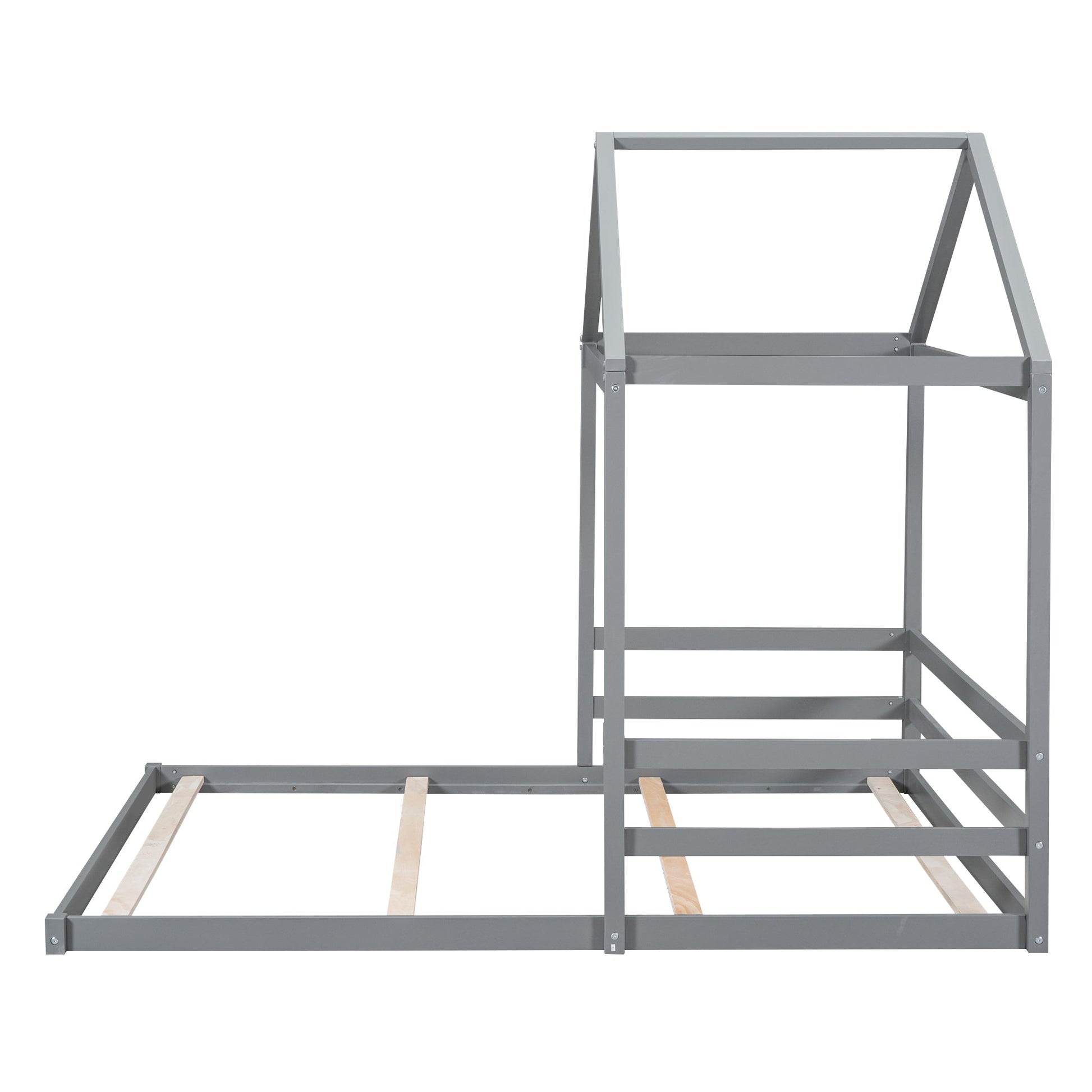 Wood Full Size House Bed with Guardrail, Grey - Korvel