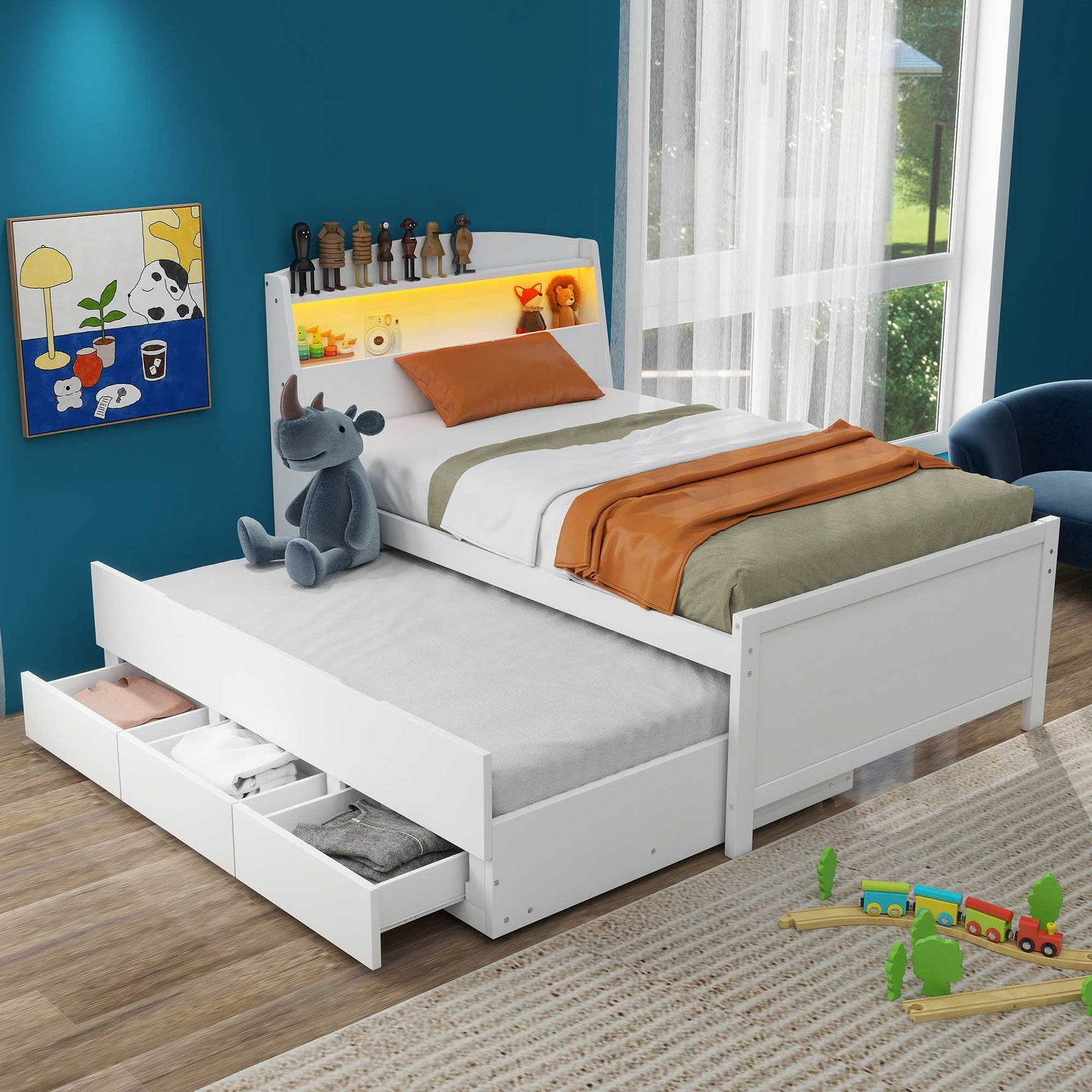 Cama Plataforma Elegante de Tamaño Twin con Almacenamiento y Cabecera LED