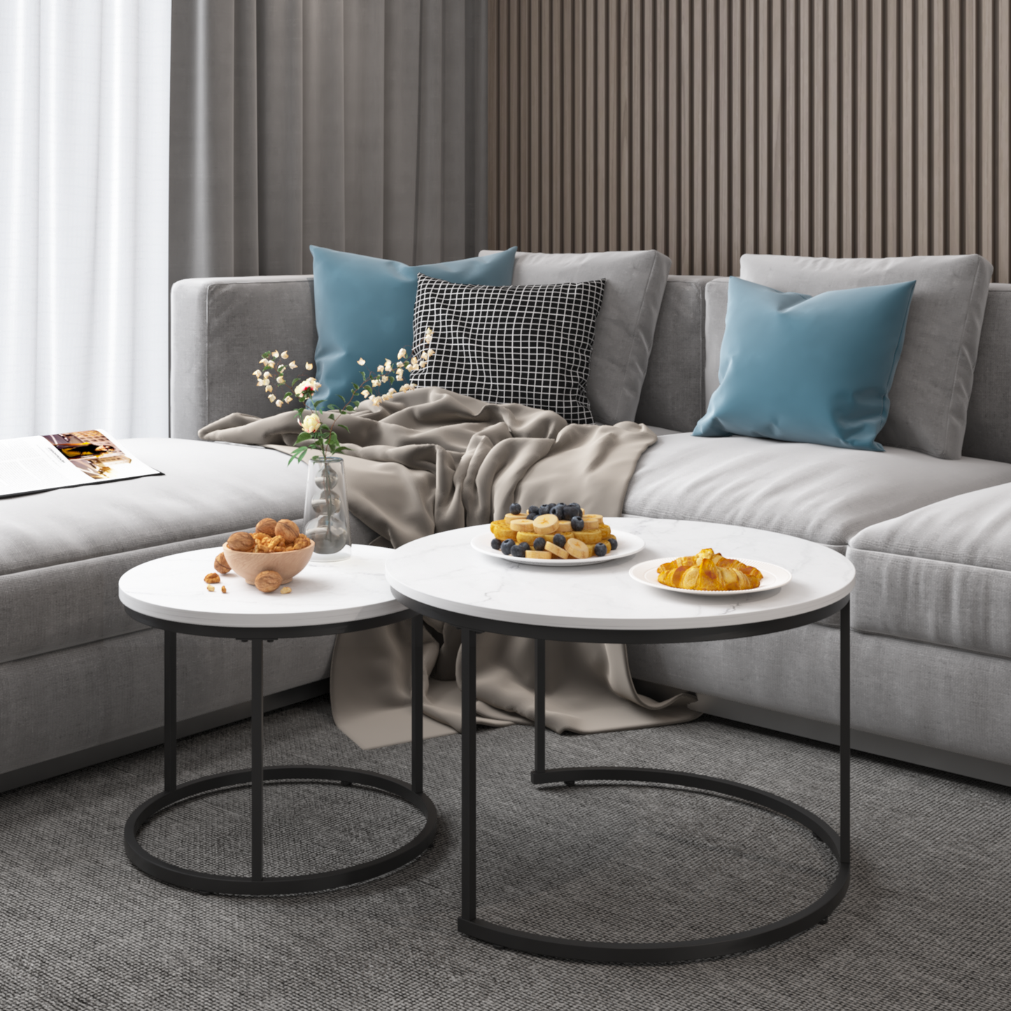 A set of nested 27.6-inch circular coffee tables with a wooden marble patterned tabletop and a sturdy metal frame (white) - Korvel