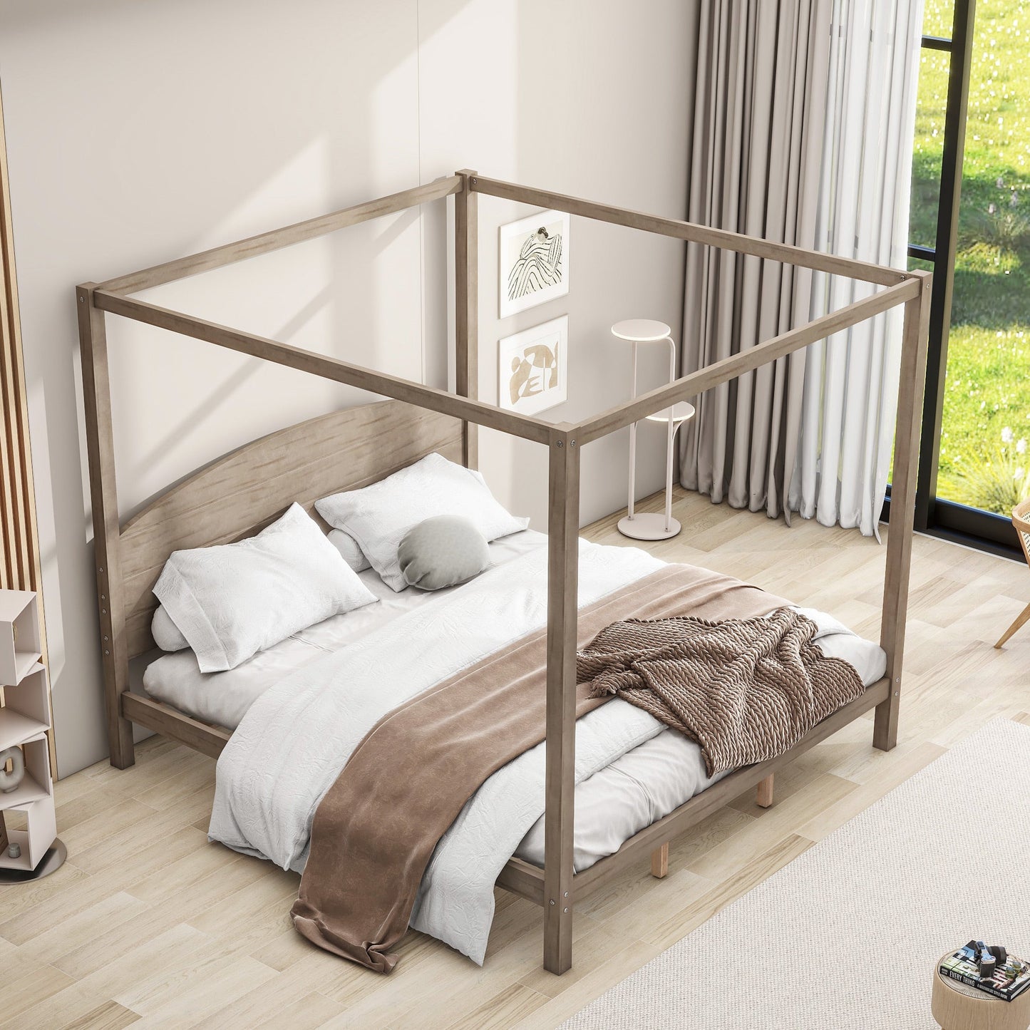 King Size Canopy Platform Bed with Headboard and Support Legs, Brown Wash - Korvel