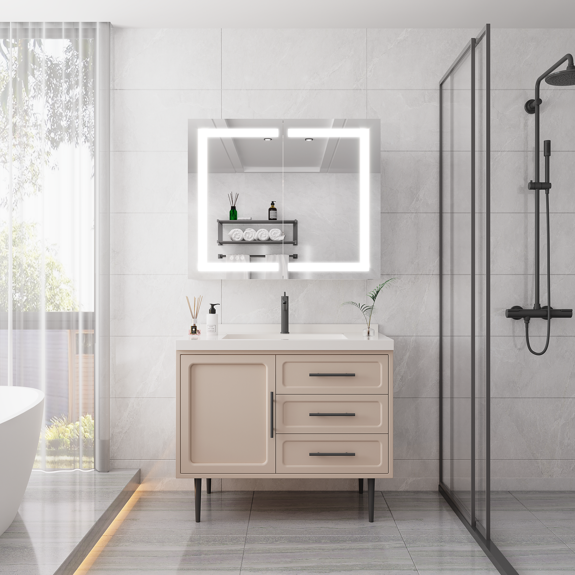 36 x 30 inch Medicine Cabinet with LED Vanity Mirror Anti-Fog  Recessed or Surface Mount Waterproof DimmableAluminum 3000K~6000K Lighted Double Door Bathroom Cabinet with Touch Switch - Korvel