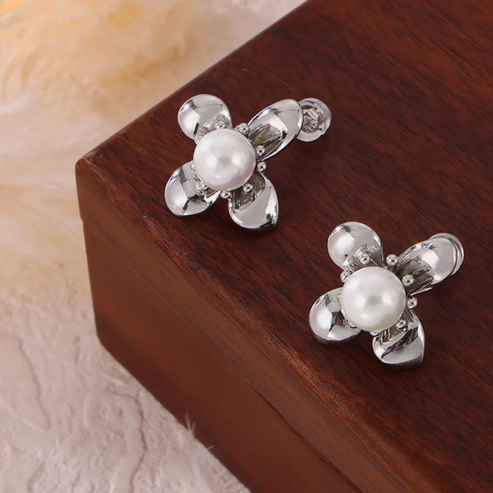 Synthetic Pearl Titanium Steel Flower Earrings - Korvel