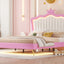 Full Size Upholstered Bed Frame with LED Lights, Modern Upholstered Princess Bed with Crown Headboard, Pink+White - Korvel