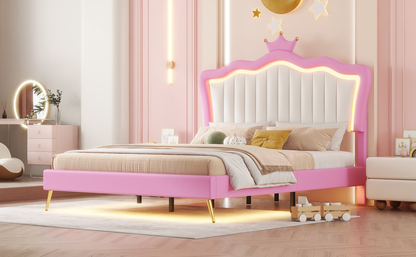 Full Size Upholstered Bed Frame with LED Lights, Modern Upholstered Princess Bed with Crown Headboard, Pink+White - Korvel