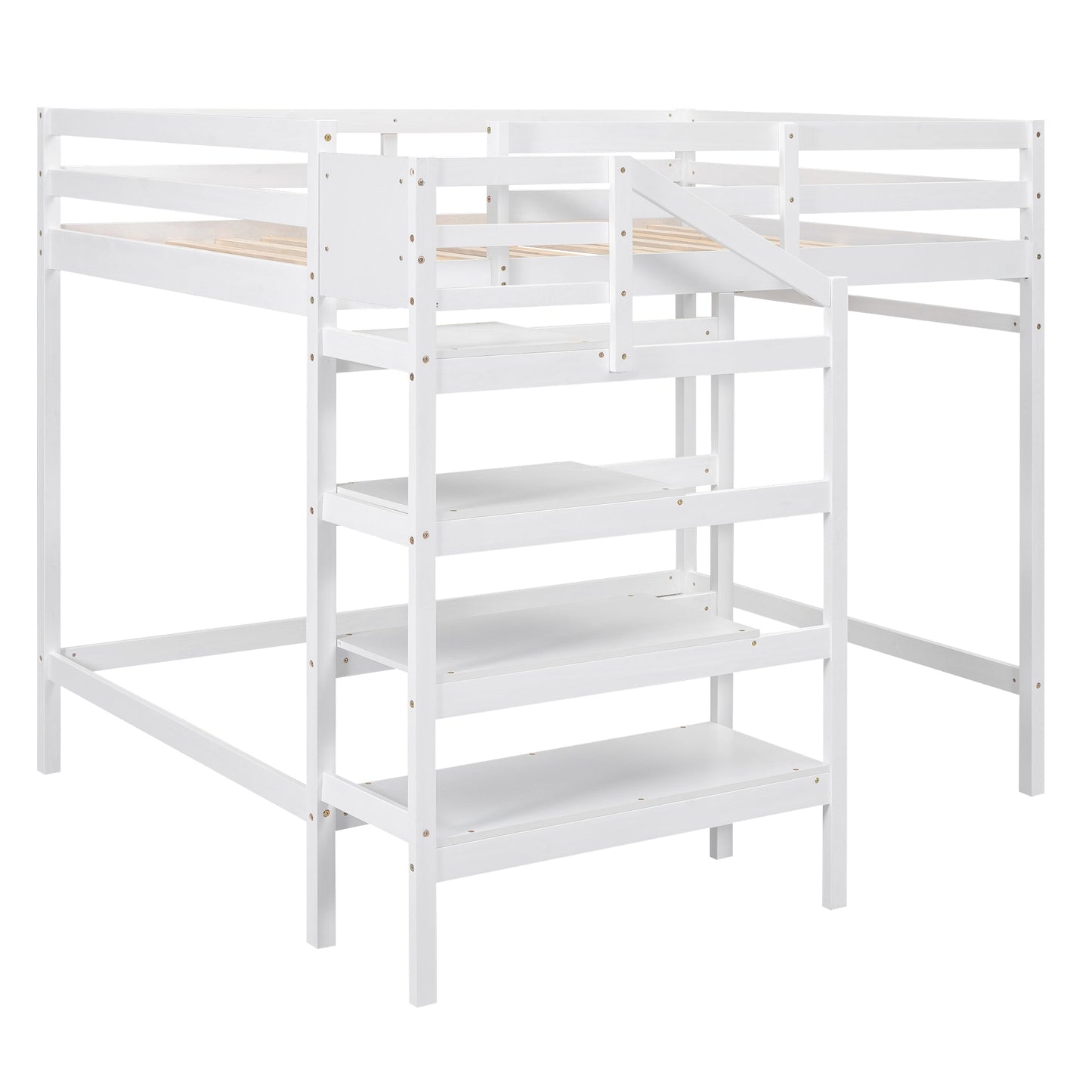 Full Size Loft Bed with Storage Staircase and Clothes Hanger - White