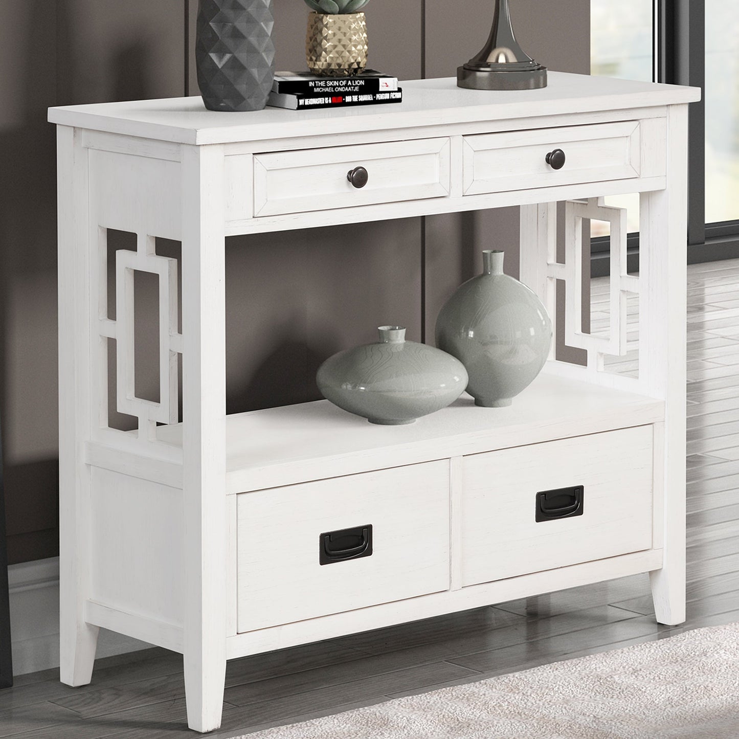 36'' Farmhouse Pine Wood Console Table Entry Sofa Table with 4 Drawers & 1 Storage Shelf (Antique White) - Korvel