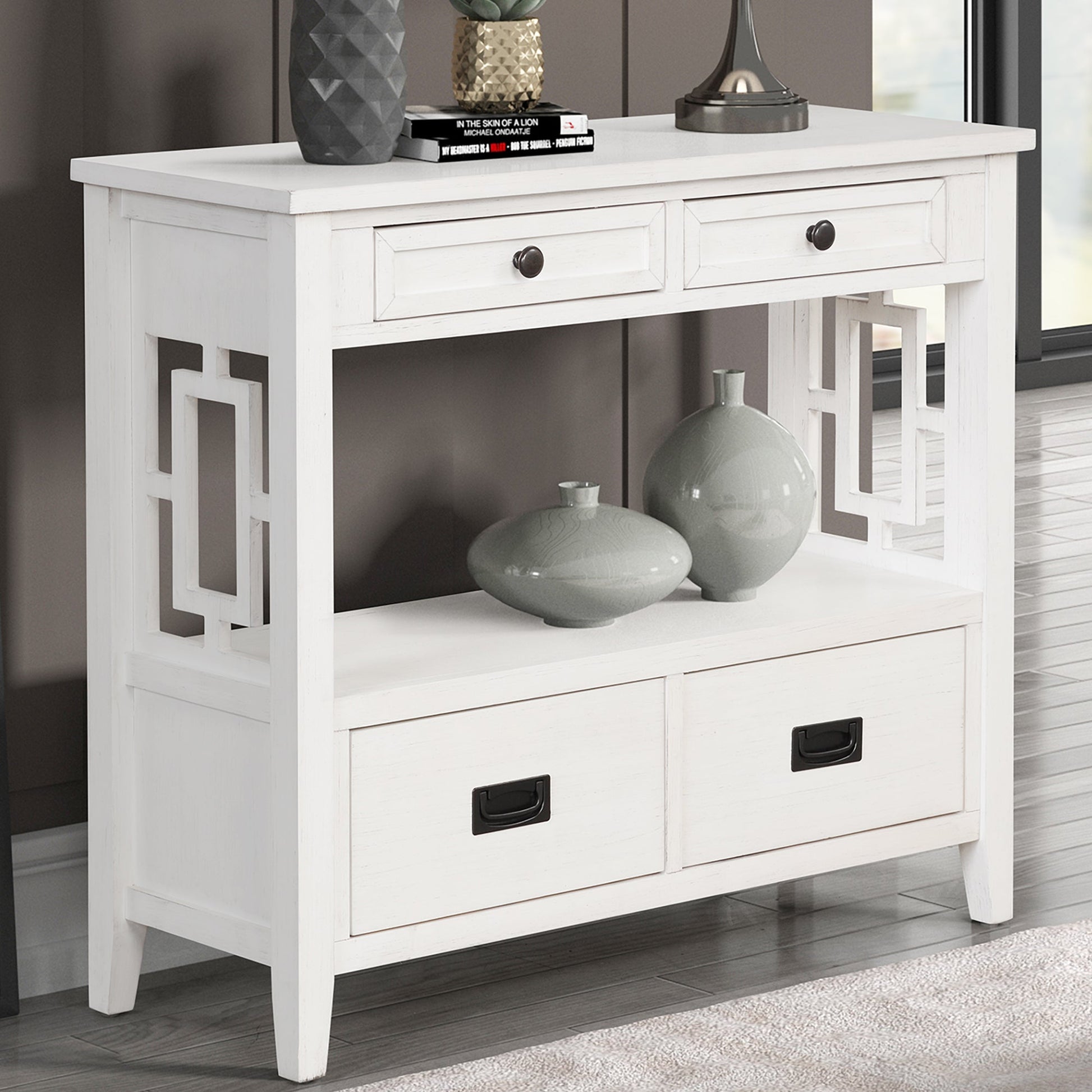 36'' Farmhouse Pine Wood Console Table Entry Sofa Table with 4 Drawers & 1 Storage Shelf (Antique White) - Korvel