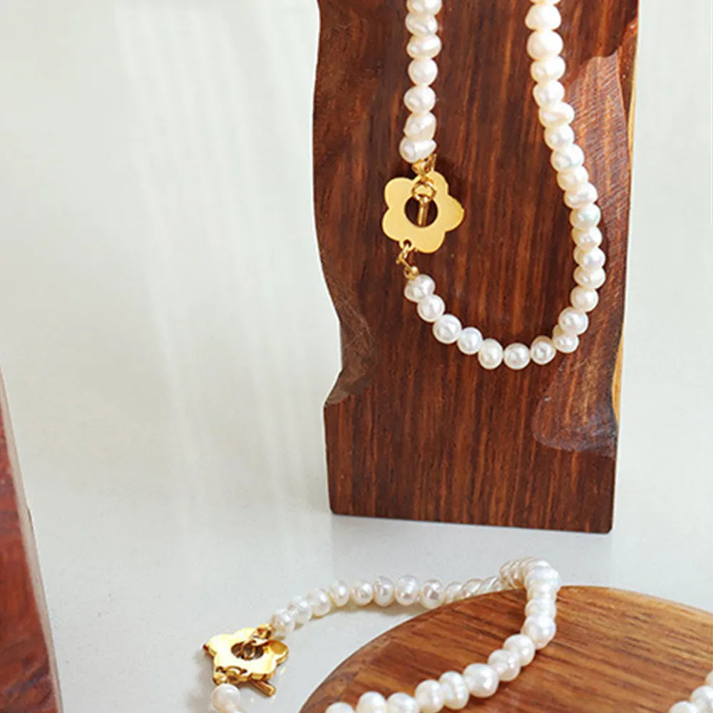 Titanium Steel Pearl Flower Bracelet - Korvel