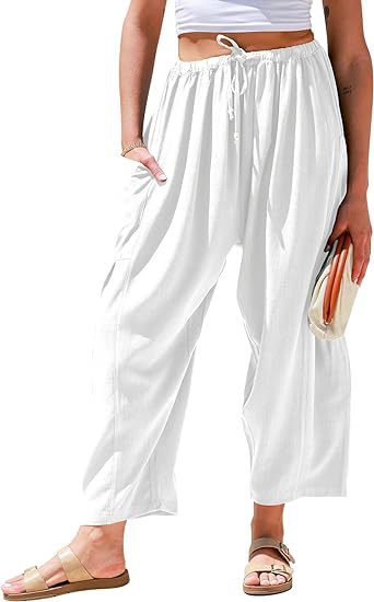 Pantalons larges en coton et lin taille haute pour femmes