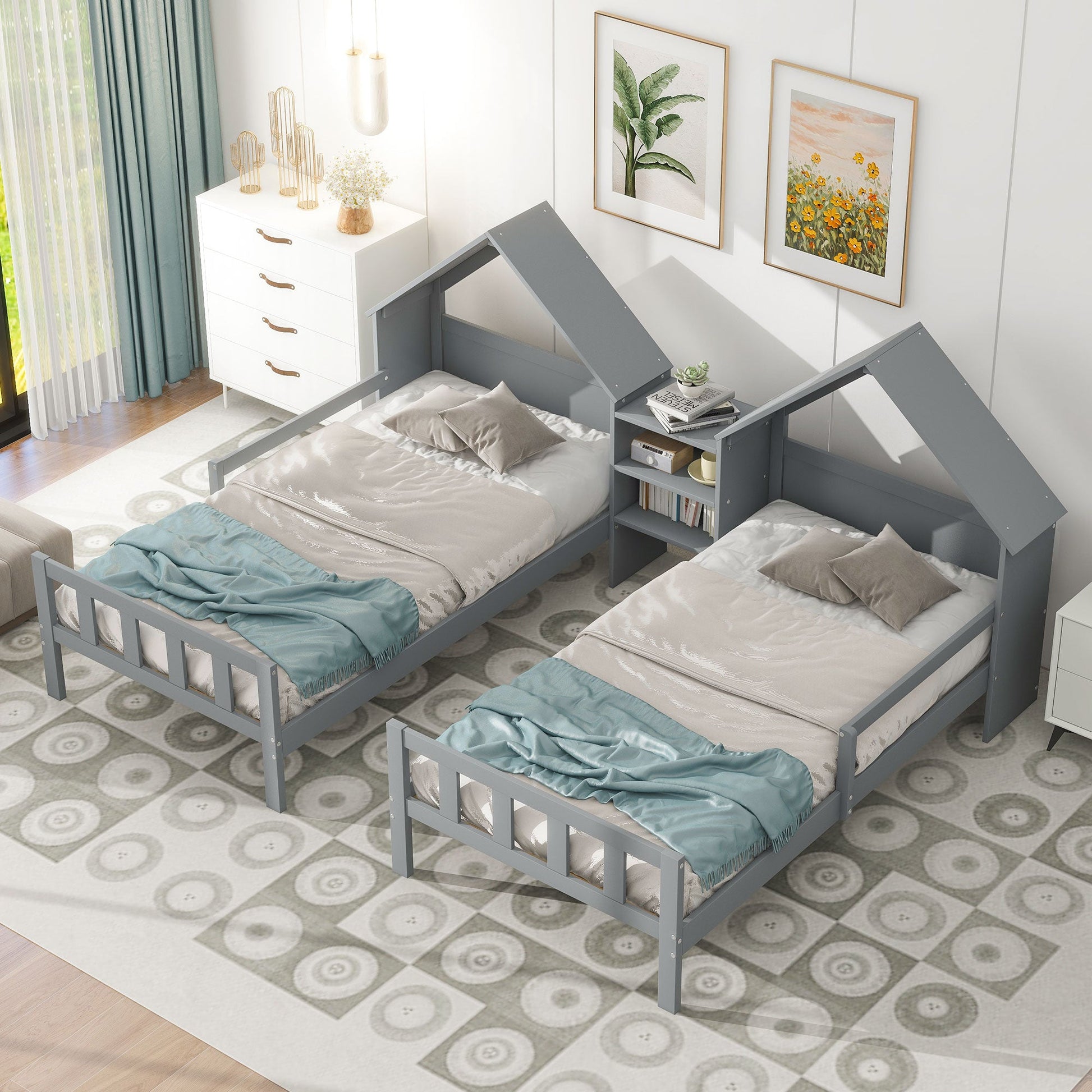 Double Twin Size Platform Bed with House-shaped Headboard and a Built-in Nightstand  Grey - Korvel
