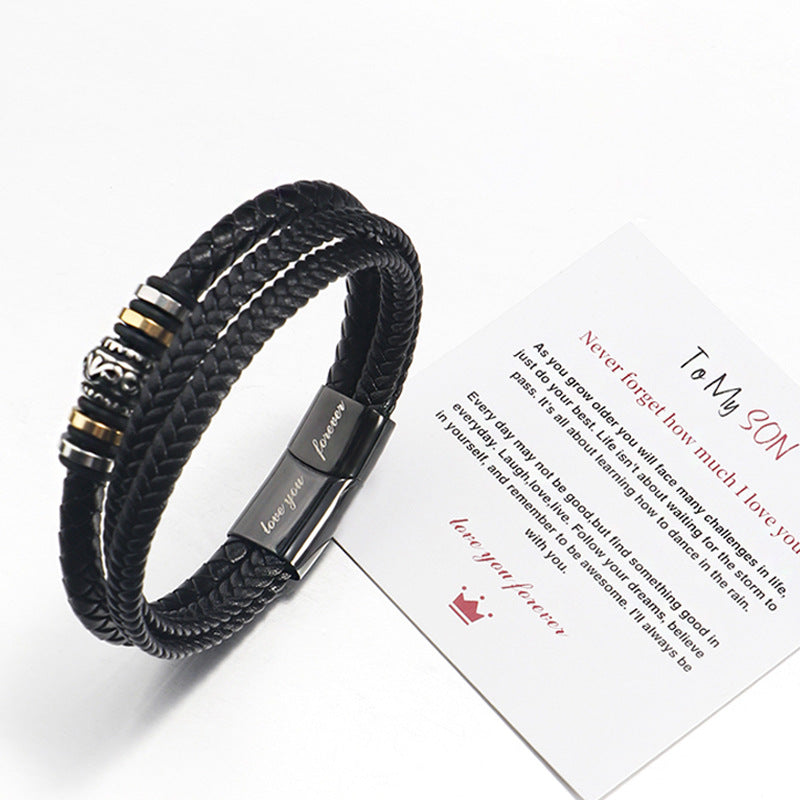 Men's Multi-Layer Woven Bracelet in Stainless Steel and Leather
