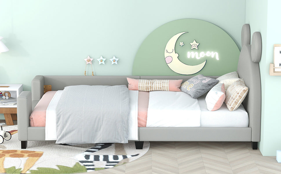 Twin Size Upholstered Daybed with Carton Ears Shaped Headboard  Grey - Korvel