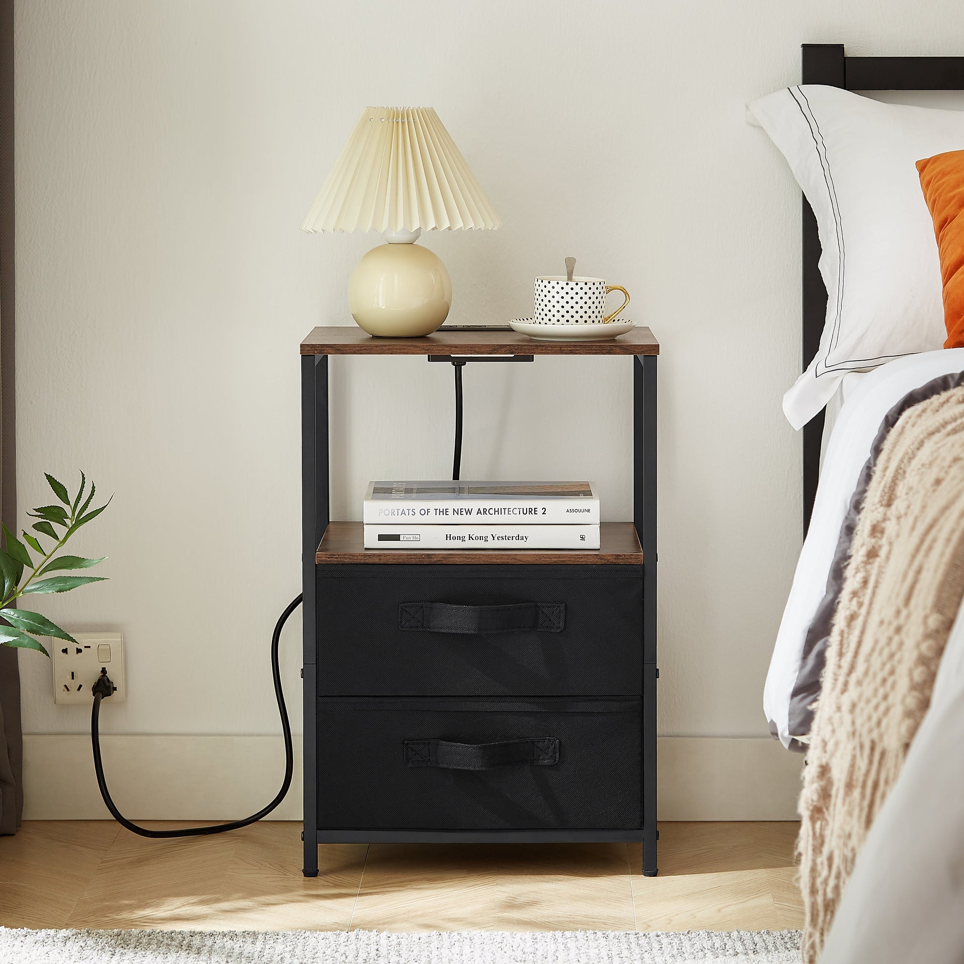 Tea table with charging station, bedside table with USB port, socket and cloth bag, 2 drawers - Korvel