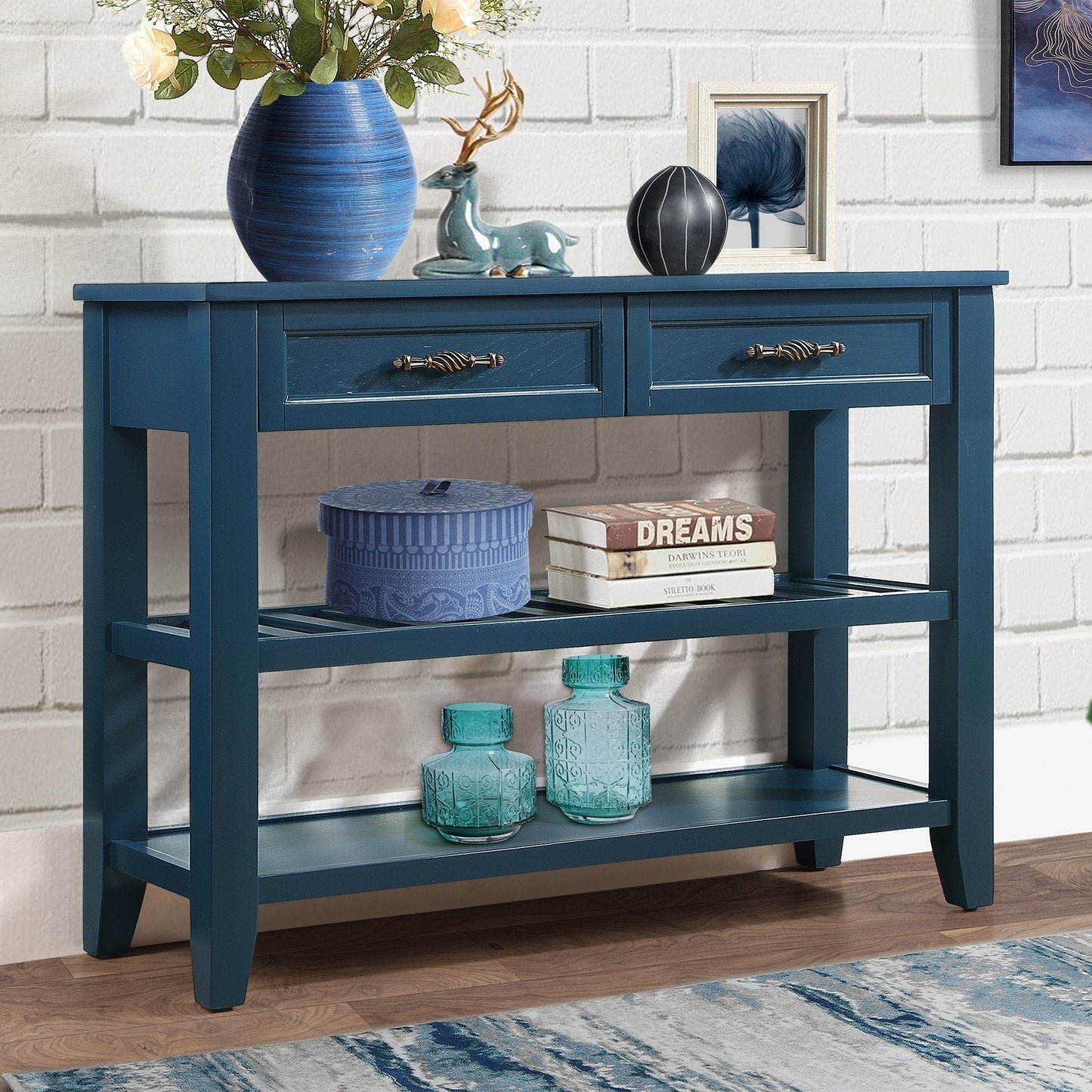 Mesa Consola Sofá de Estilo Mid-Century con Cajones de Almacenamiento - Azul Marino