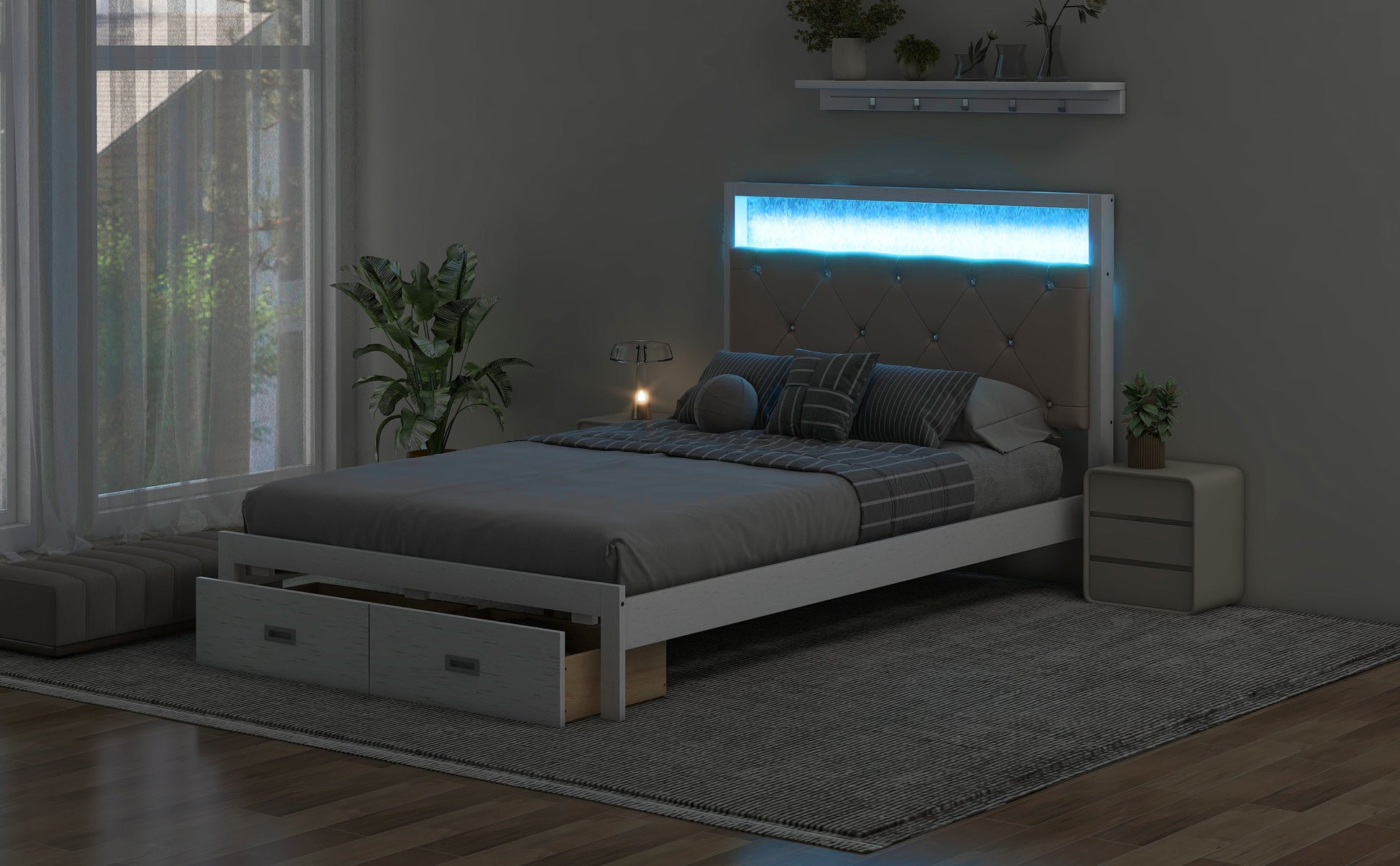 Wood Full Size Platform Bed with Upholstered Headboard and LED and 2 Drawers, Antique White - Korvel