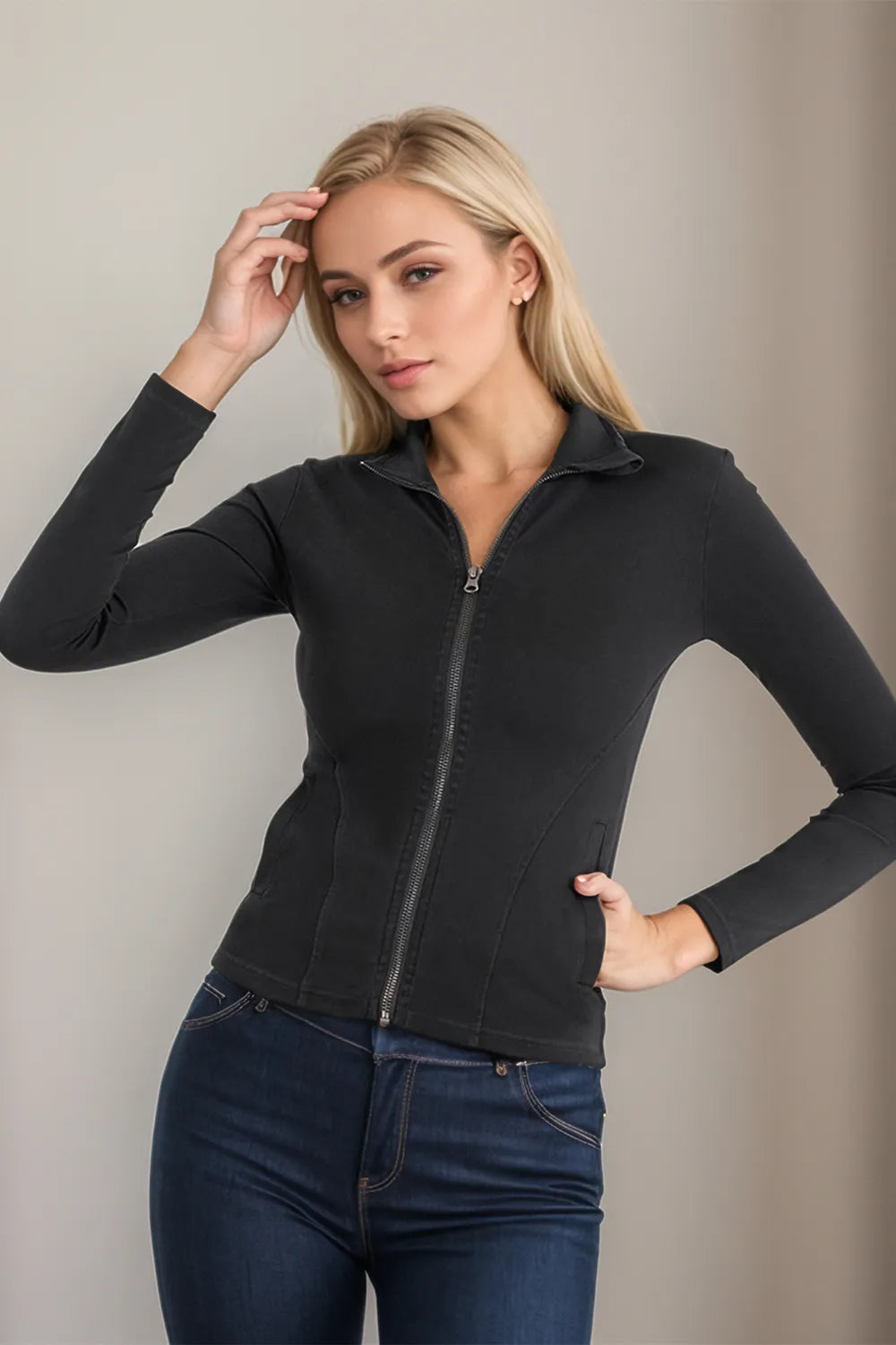 Pocketed Turtleneck Zip Up Denim Top - Korvel