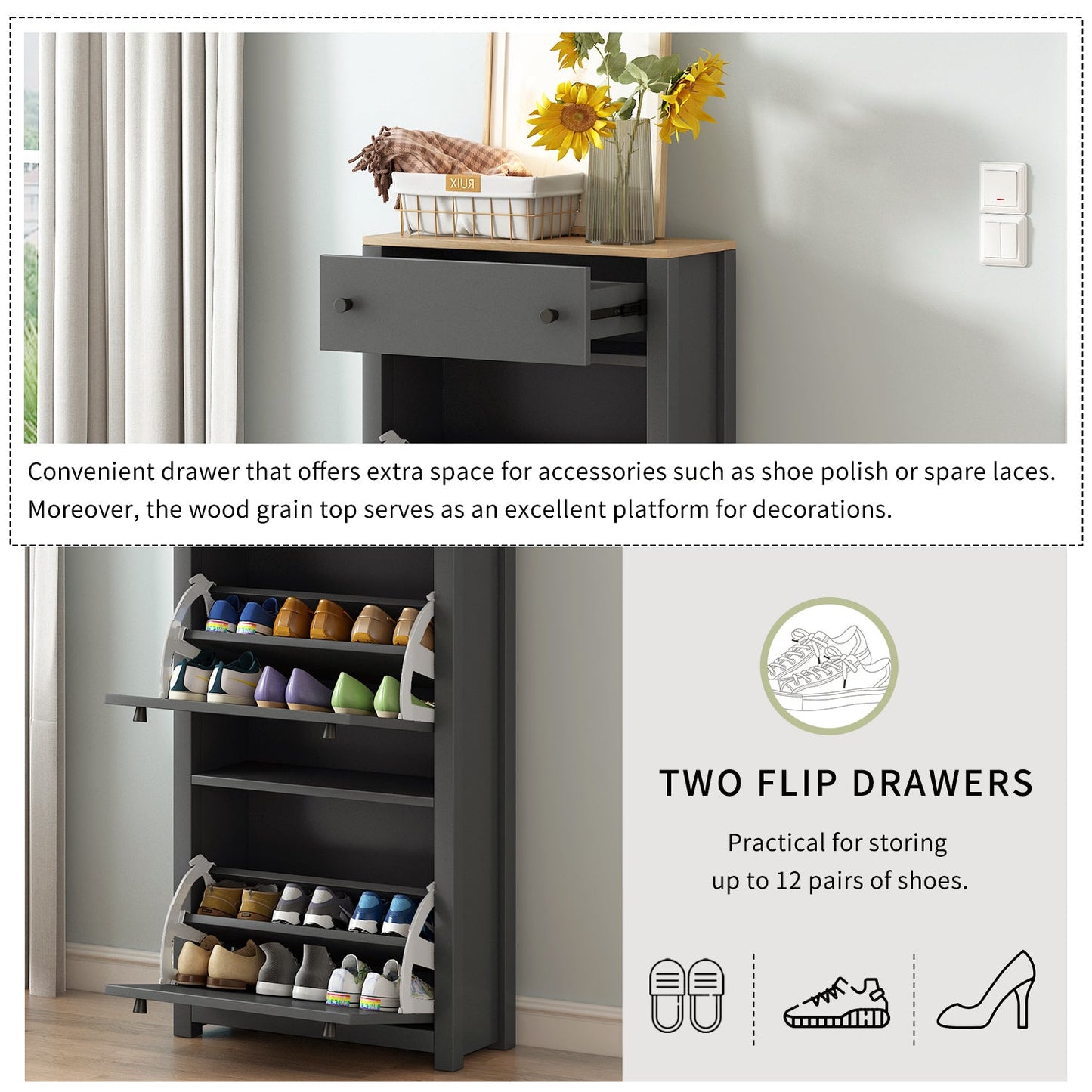 Organizador de Entrada Funcional ONTREND con 2 Cajones Plegables - Gris