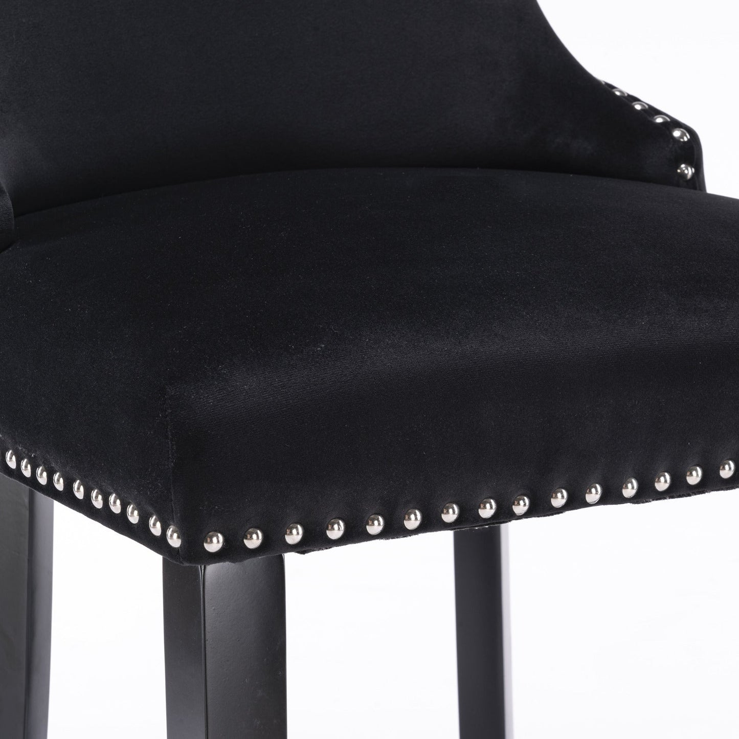 Velvet padded wing back bar stool with button cluster decoration and wooden leg chrome nail head decoration 2-piece set (black) - Korvel
