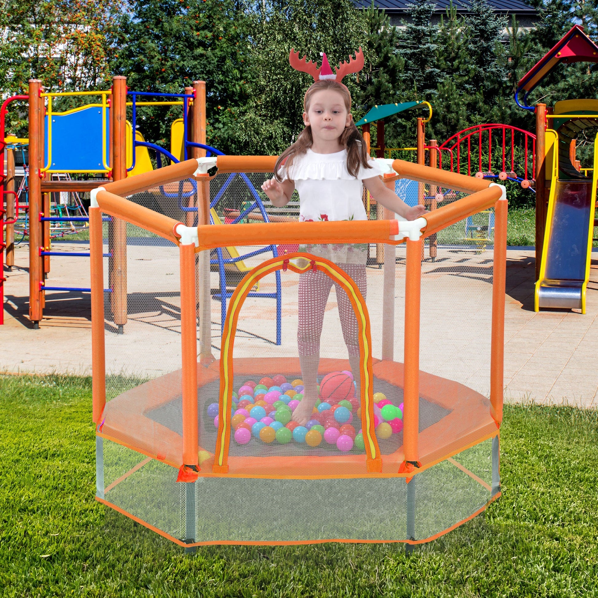 55'' Toddlers Trampoline with Safety Enclosure Net and Balls, Indoor Outdoor Mini Trampoline for Kids - Korvel