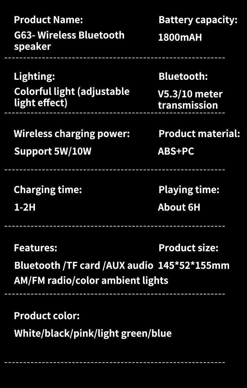 Bluetooth Speaker G63 Colorful Lights Clock Wireless Charging Multifunctional Bluetooth Speaker Colorful Atmosphere Alarm Clock - Korvel