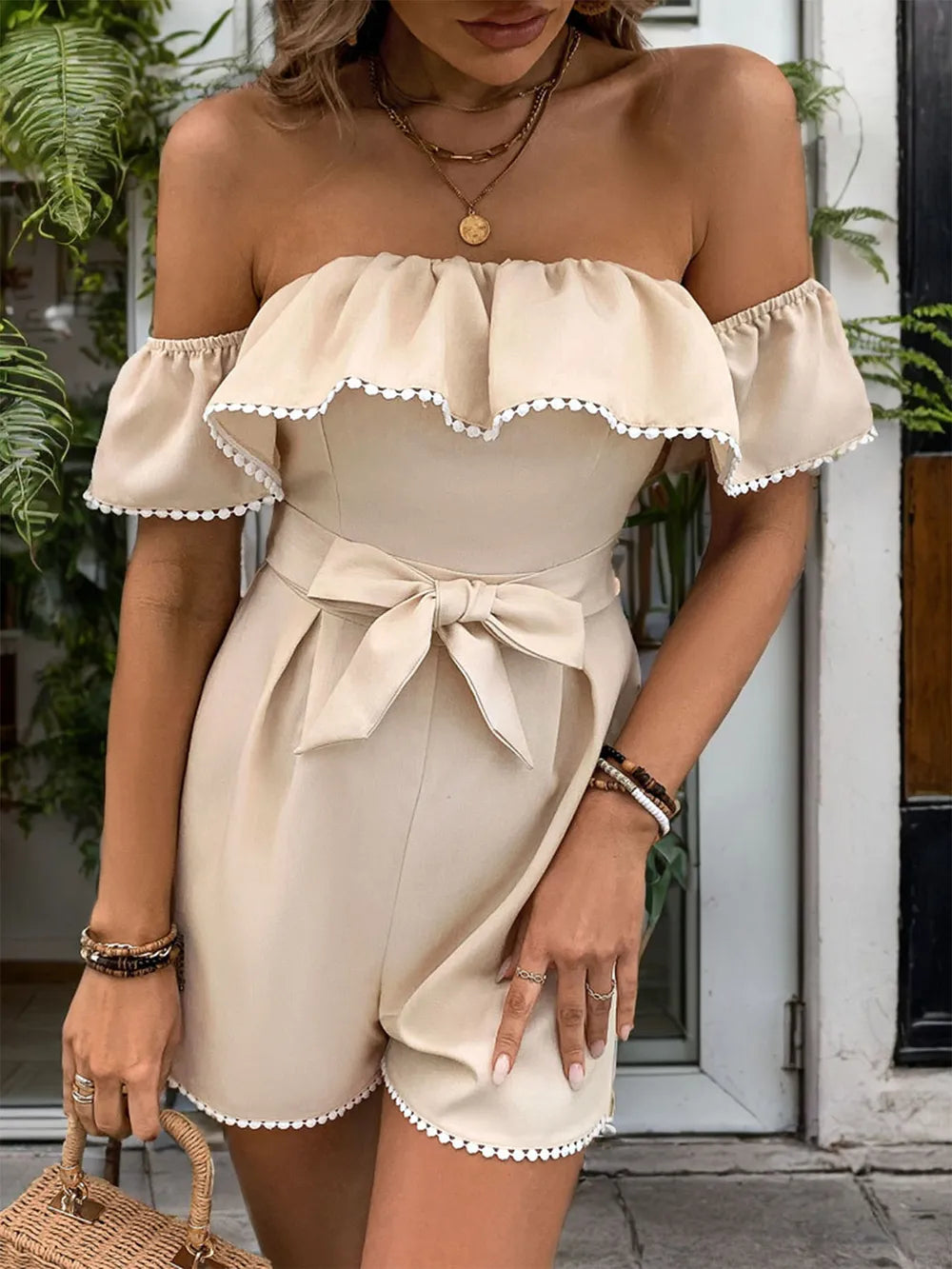 Tied Ruffled Off-Shoulder Short Sleeve Romper - Korvel