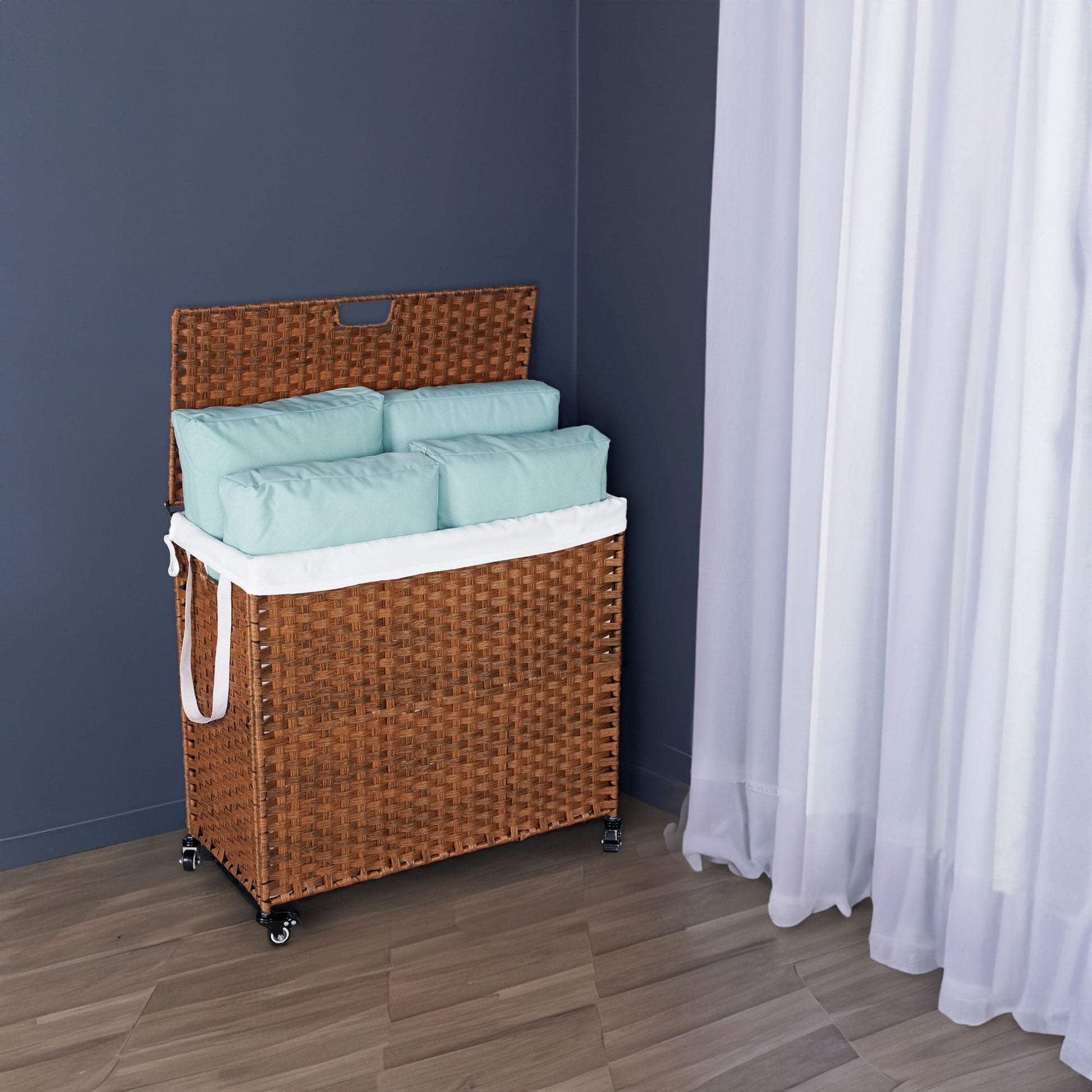 Laundry Hamper With Lid PE Rattan Powder Coating Frame Clothes Hampers with 02 Removable Bags, Wheels, 160L, Brown Color - Korvel