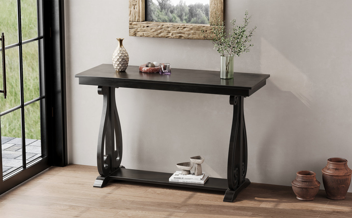 48-Inch Rustic Vintage Console Table --- Farmhouse Style Entryway Table with Open Shelf and Sturdy Construction (Black) - Korvel