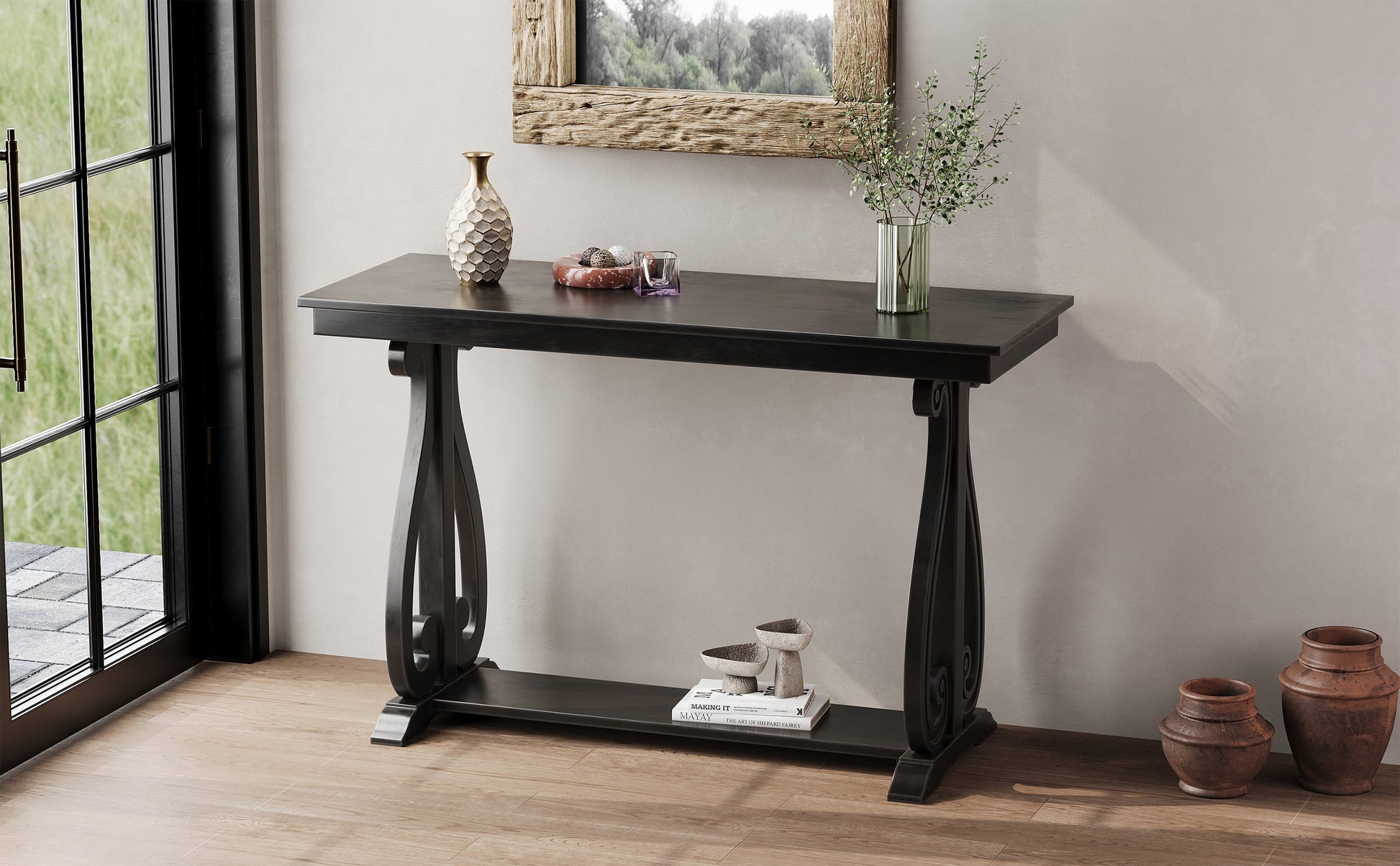 48-Inch Rustic Vintage Console Table --- Farmhouse Style Entryway Table with Open Shelf and Sturdy Construction (Black) - Korvel