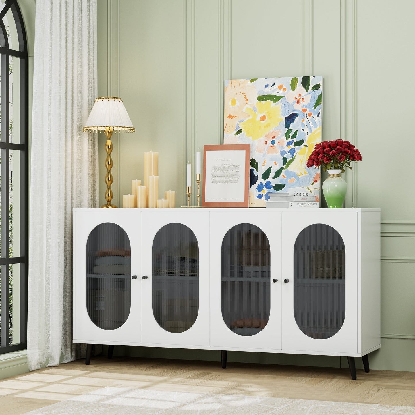 Buffet d'Accent Blanc Moderne avec Portes en Acrylique